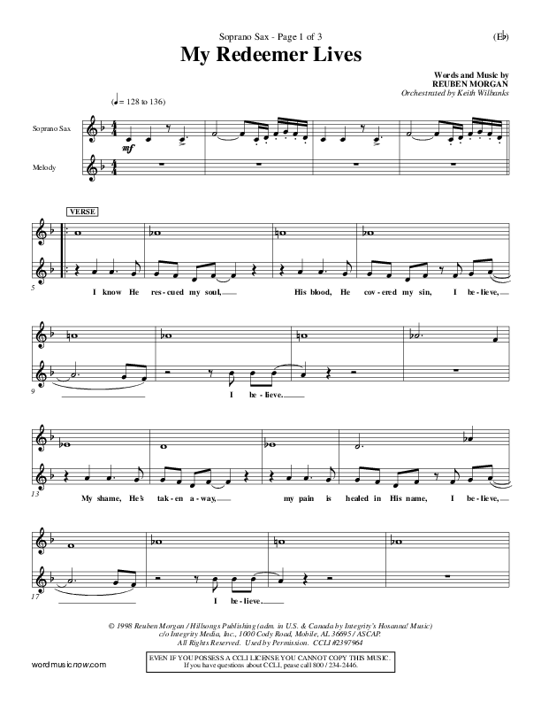 My Redeemer Lives Soprano Sax (Reuben Morgan)