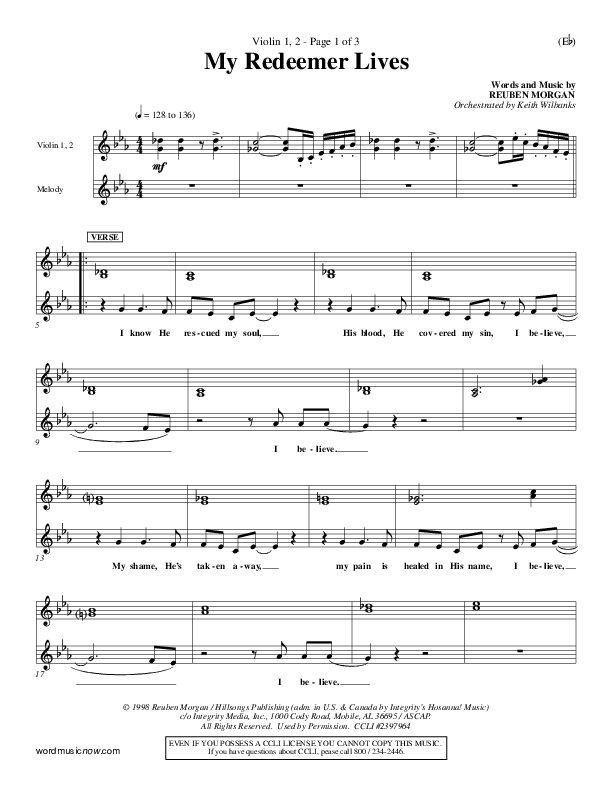 My Redeemer Lives Violin 1/2 (Reuben Morgan)