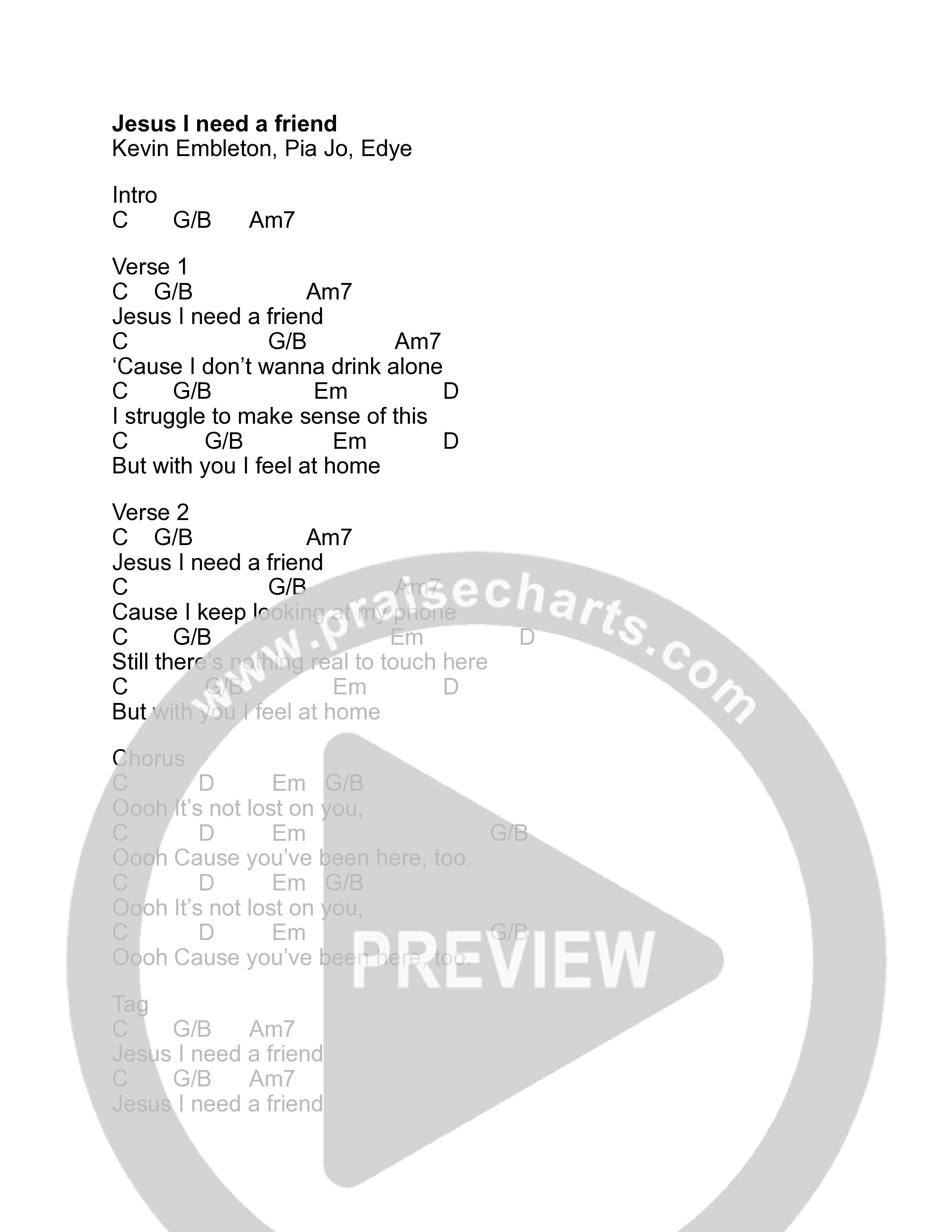 Jesus I Need A Friend Chord Chart (Messenger Music)