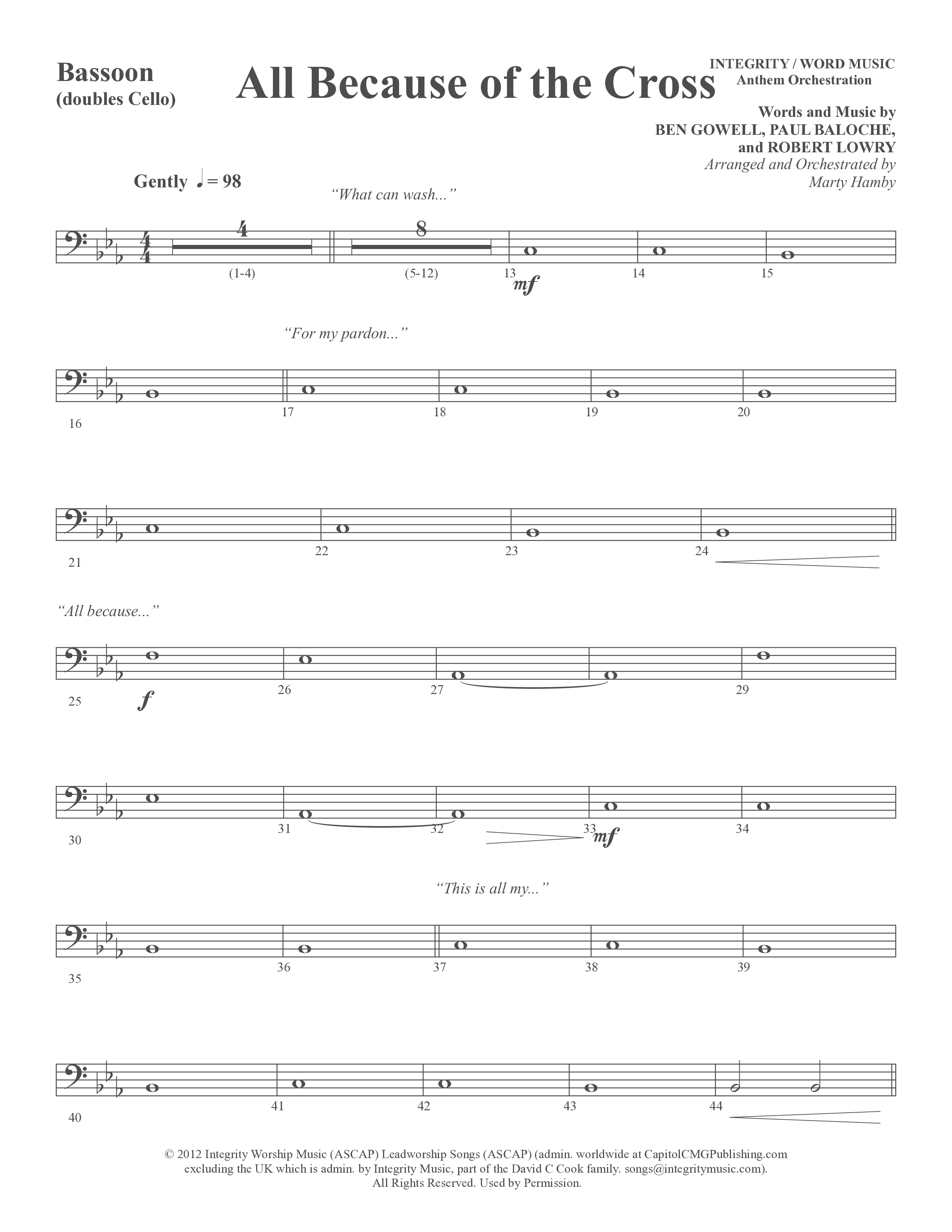All Because Of The Cross (Choral Anthem SATB) Bassoon (Word Music Choral / Ben Gowell / Paul Baloche / Robert Lowry / Arr. Marty Hamby)