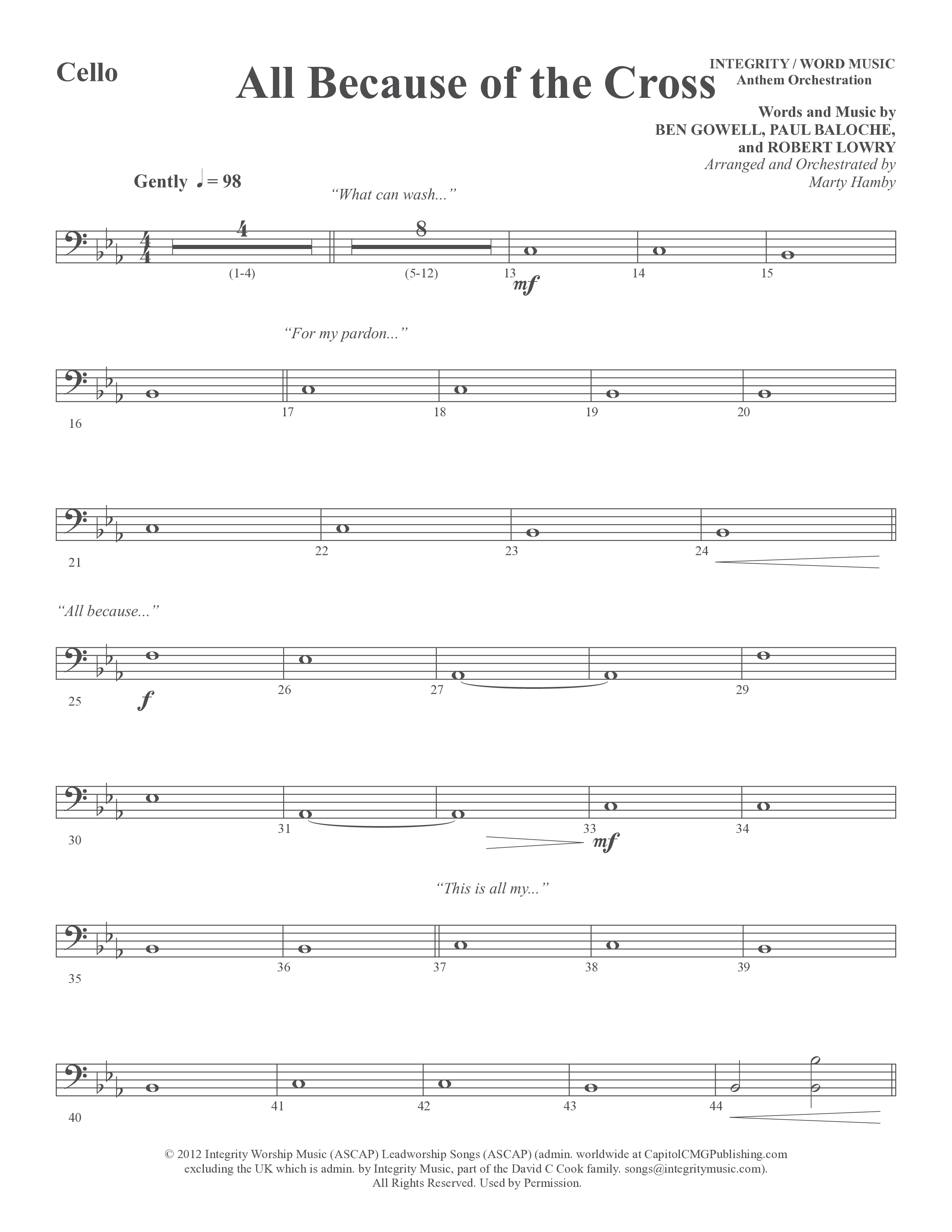 All Because Of The Cross (Choral Anthem SATB) Cello (Word Music Choral / Ben Gowell / Paul Baloche / Robert Lowry / Arr. Marty Hamby)