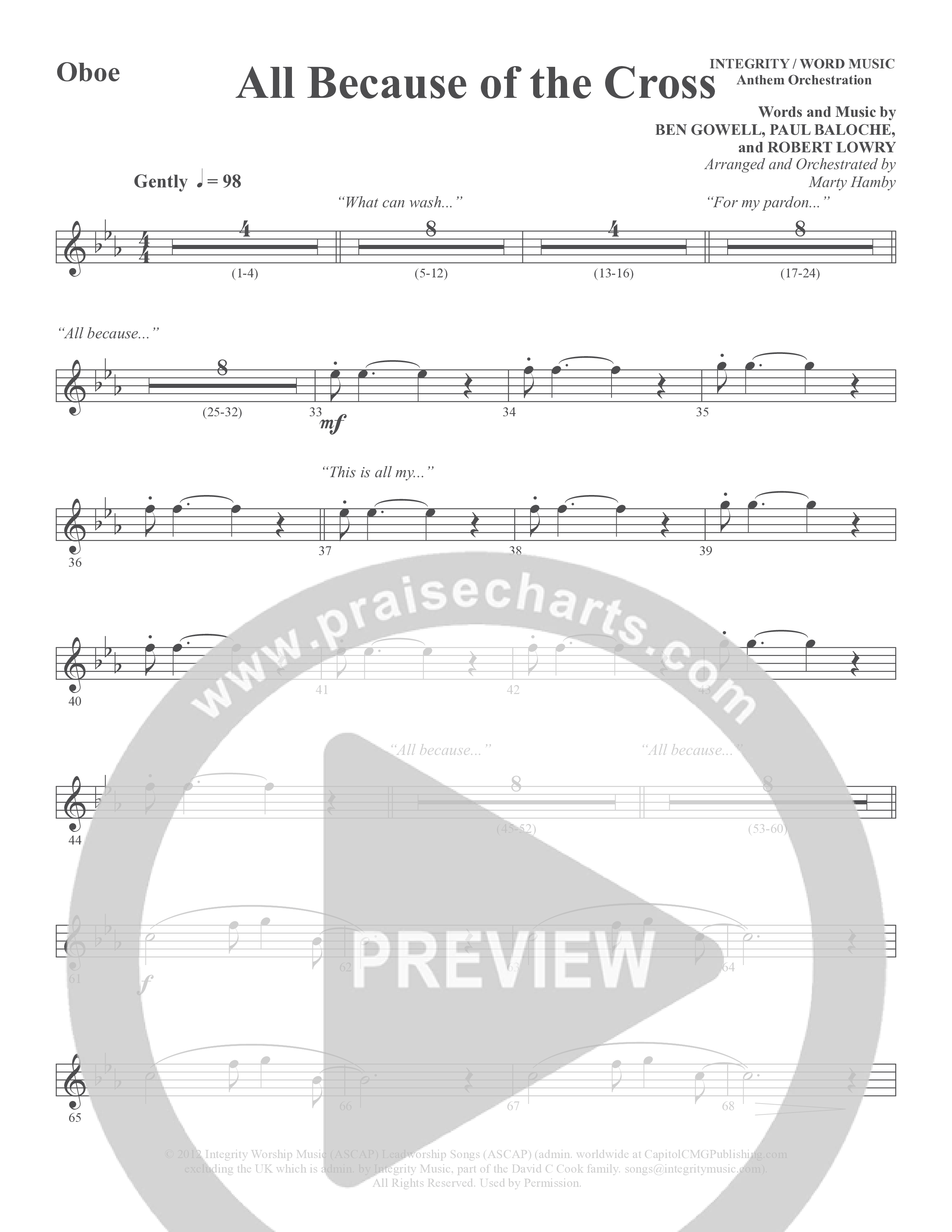 All Because Of The Cross (Choral Anthem SATB) Oboe (Word Music Choral / Ben Gowell / Paul Baloche / Robert Lowry / Arr. Marty Hamby)