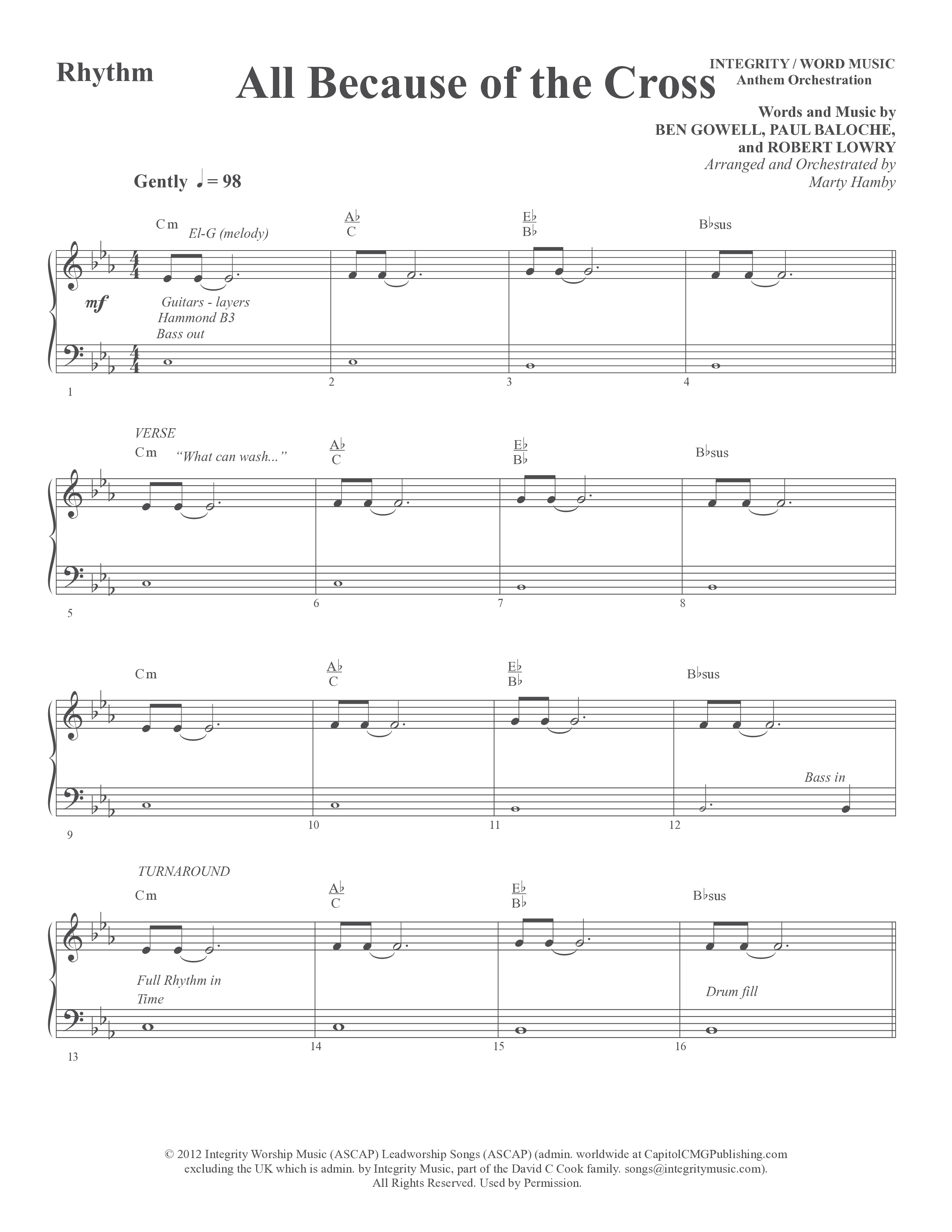 All Because Of The Cross (Choral Anthem SATB) Rhythm Chart (Word Music Choral / Ben Gowell / Paul Baloche / Robert Lowry / Arr. Marty Hamby)