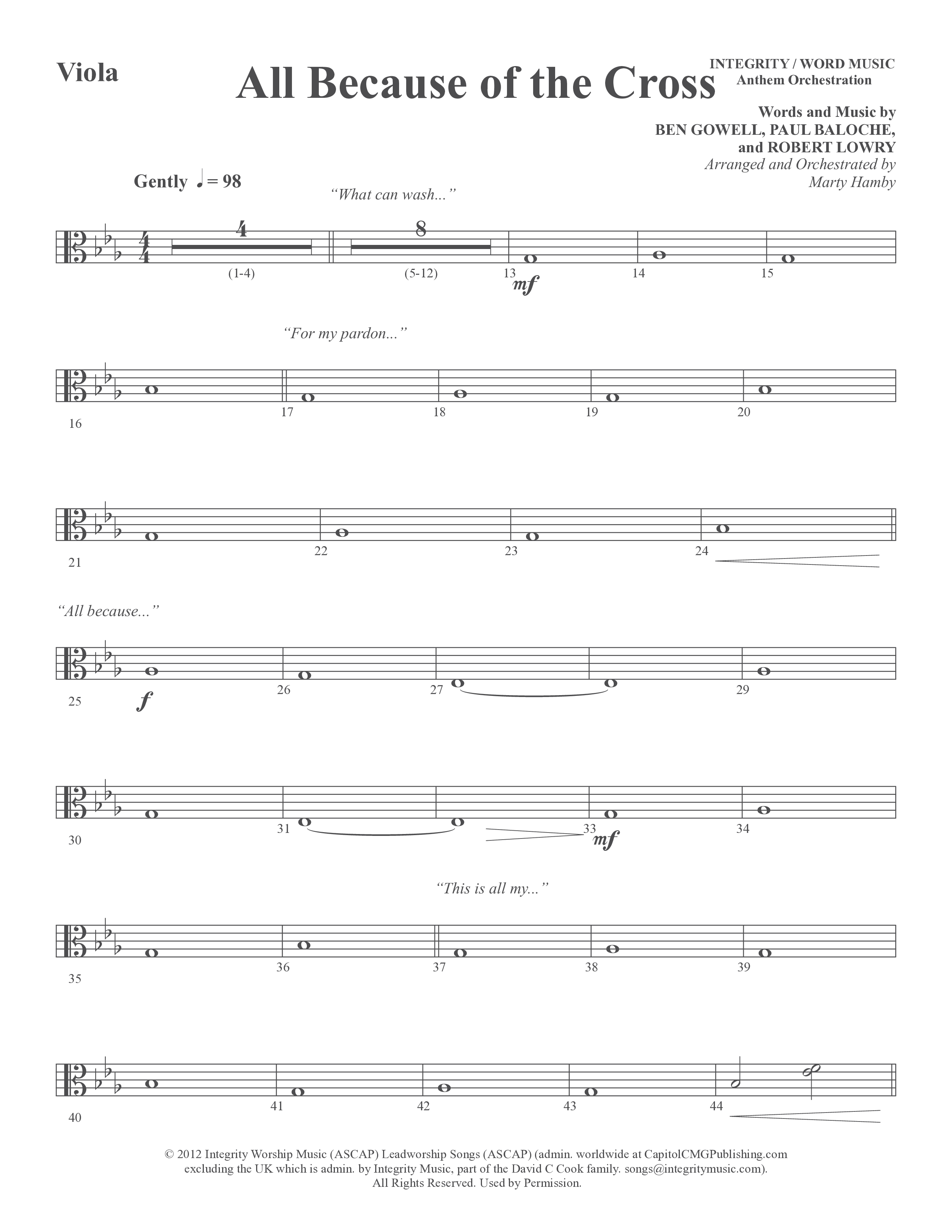All Because Of The Cross (Choral Anthem SATB) Viola (Word Music Choral / Ben Gowell / Paul Baloche / Robert Lowry / Arr. Marty Hamby)