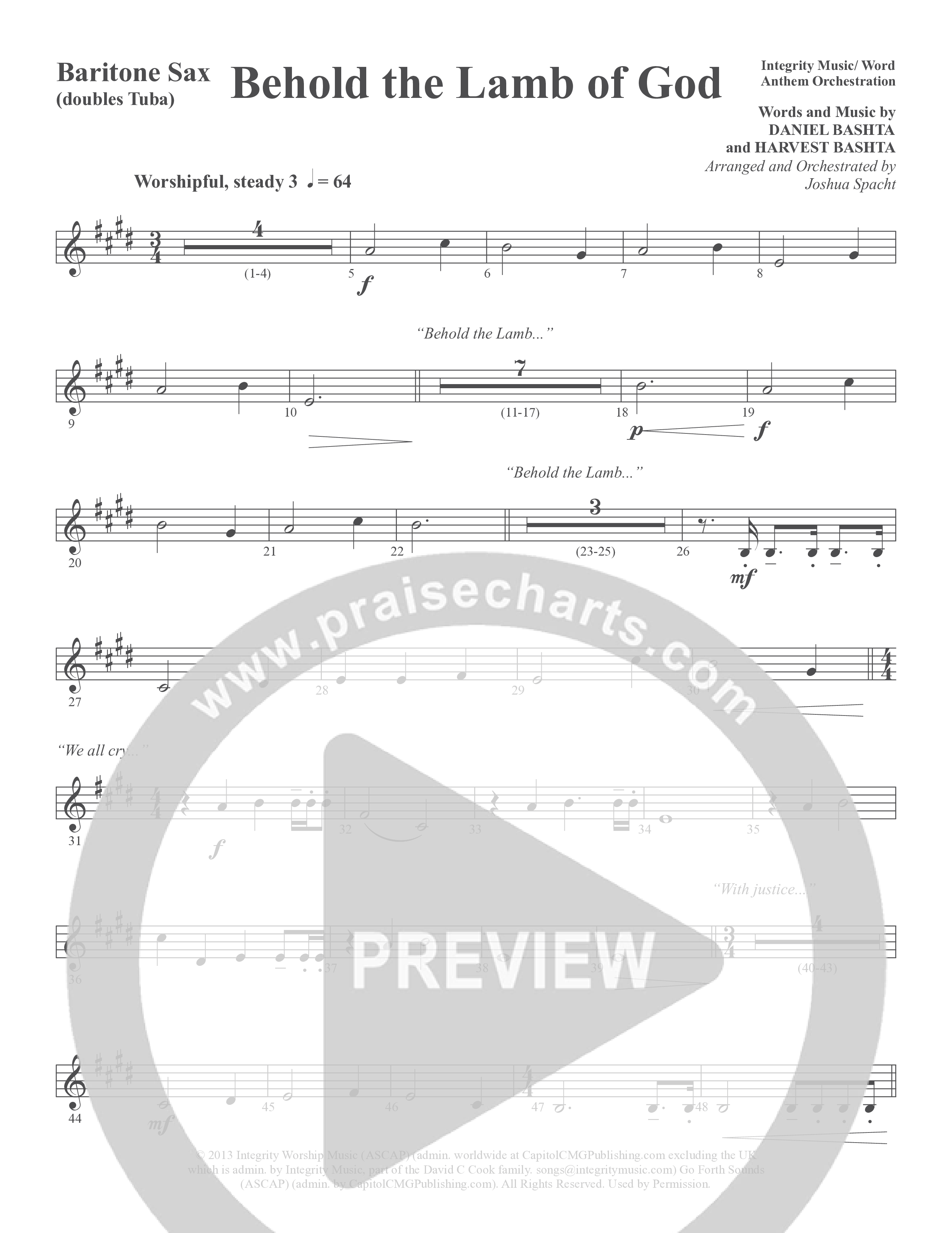 Behold the Lamb of God (Choral Anthem SATB) Bari Sax (Word Music Choral / Daniel Bashta / Harvest Bashta / Arr. Joshua Spacht)