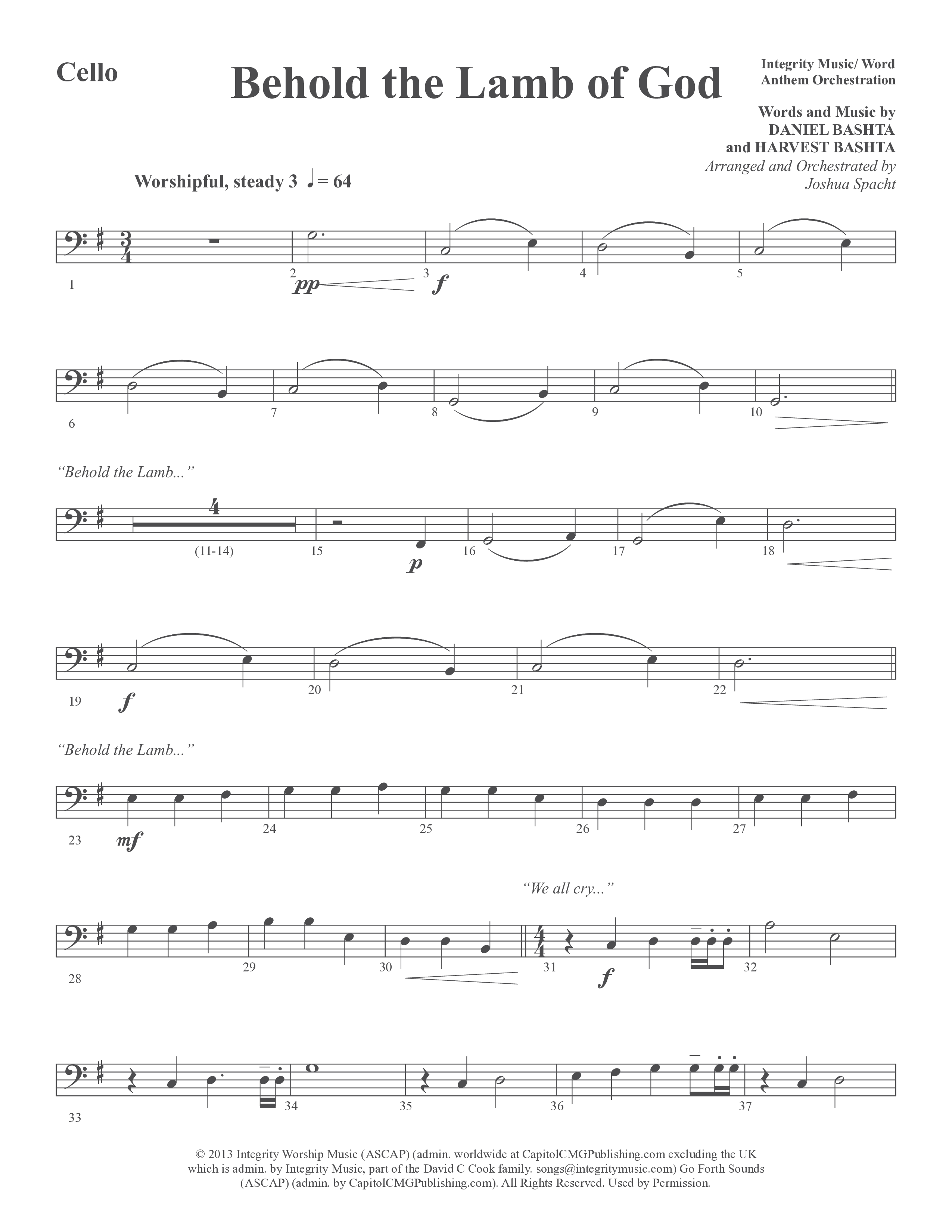 Behold the Lamb of God (Choral Anthem SATB) Cello (Word Music Choral / Daniel Bashta / Harvest Bashta / Arr. Joshua Spacht)