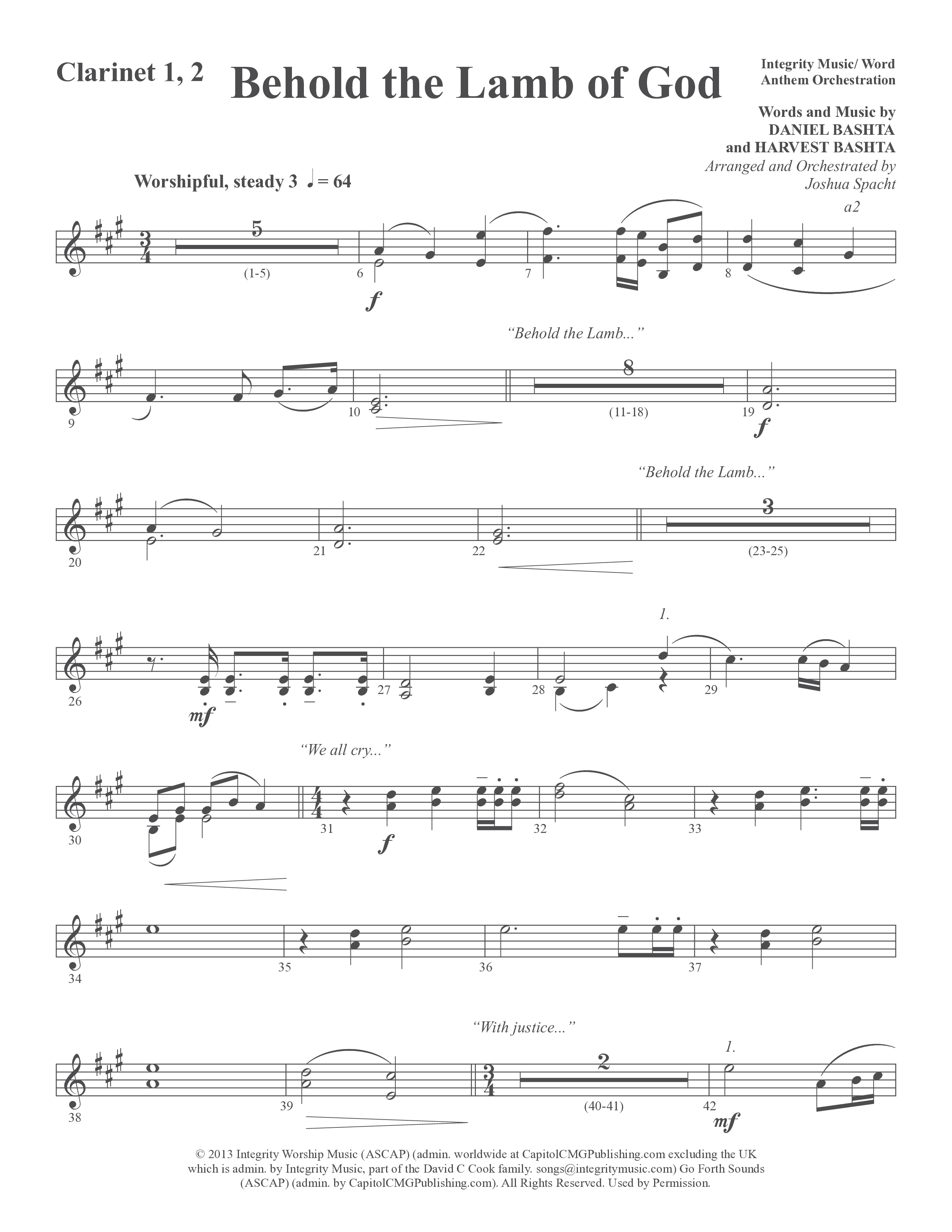 Behold the Lamb of God (Choral Anthem SATB) Clarinet 1/2 (Word Music Choral / Daniel Bashta / Harvest Bashta / Arr. Joshua Spacht)