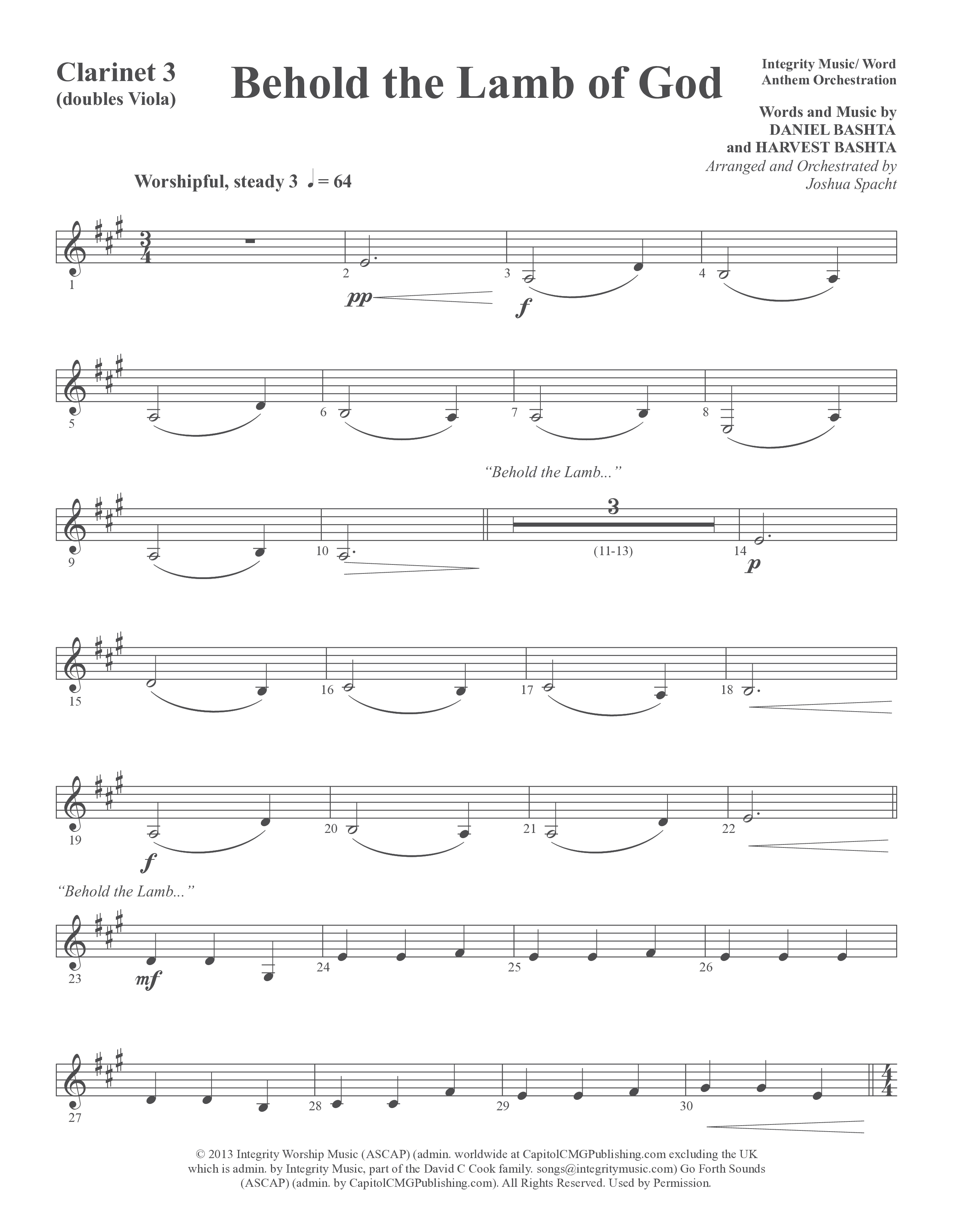 Behold the Lamb of God (Choral Anthem SATB) Clarinet (Word Music Choral / Daniel Bashta / Harvest Bashta / Arr. Joshua Spacht)