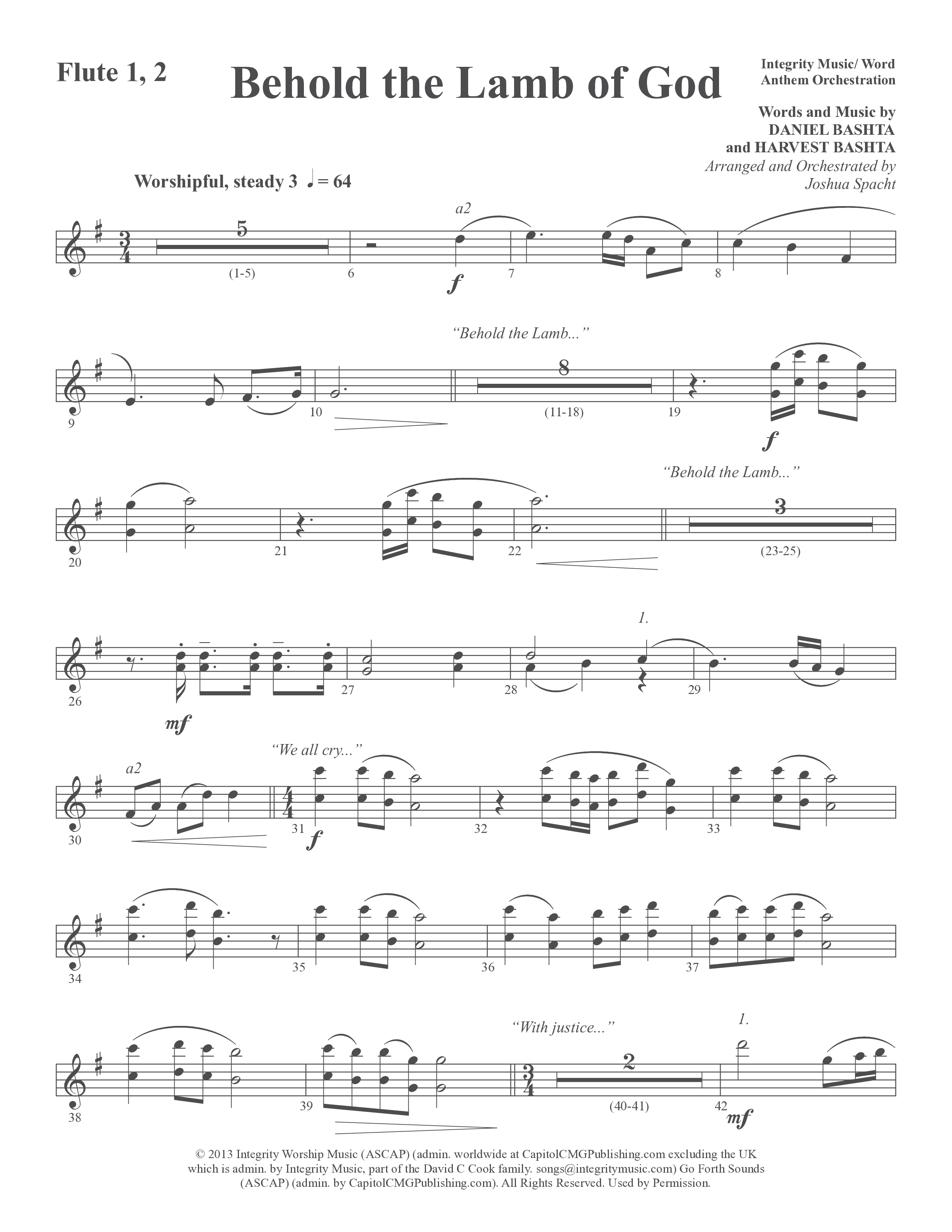 Behold the Lamb of God (Choral Anthem SATB) Flute 1/2 (Word Music Choral / Daniel Bashta / Harvest Bashta / Arr. Joshua Spacht)