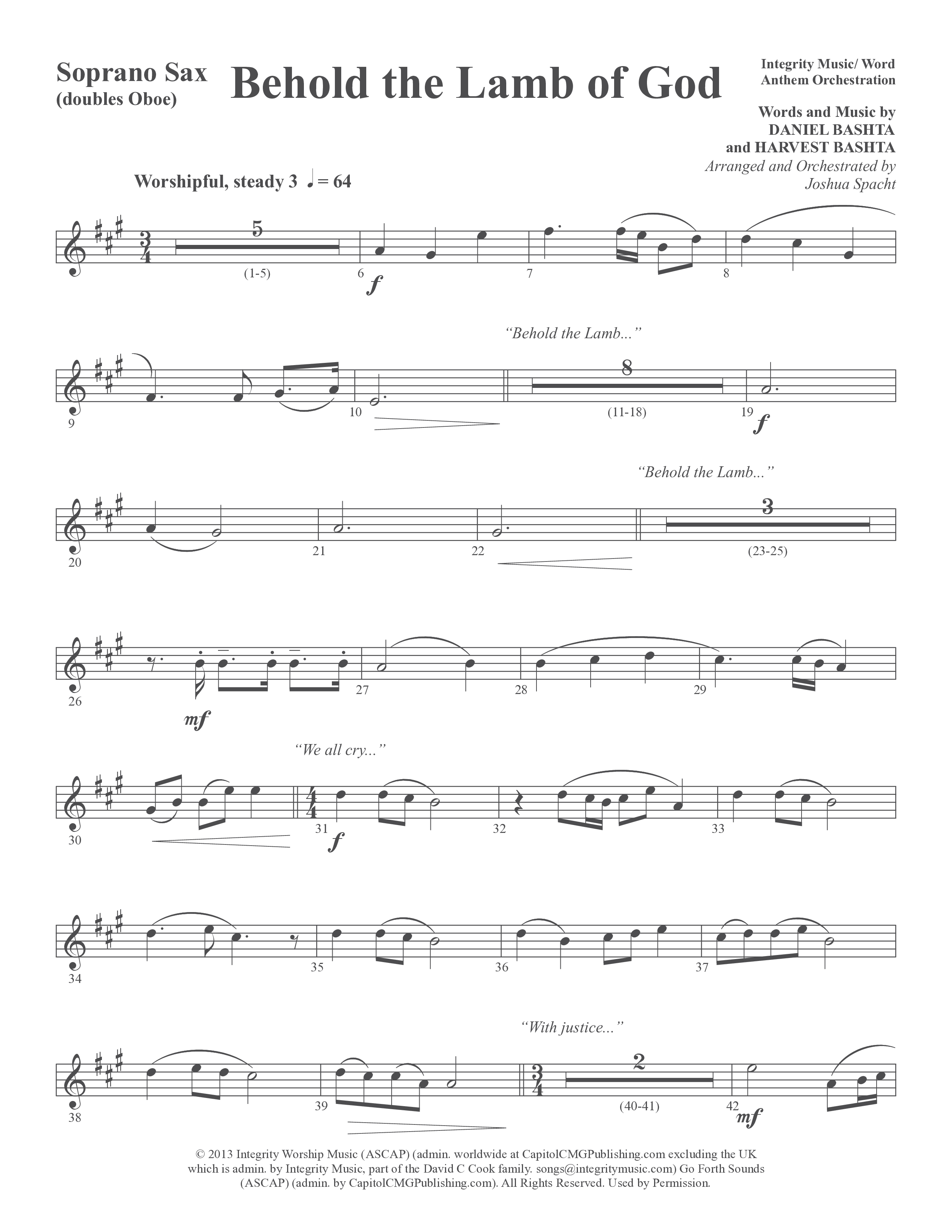 Behold the Lamb of God (Choral Anthem SATB) Soprano Sax (Word Music Choral / Daniel Bashta / Harvest Bashta / Arr. Joshua Spacht)