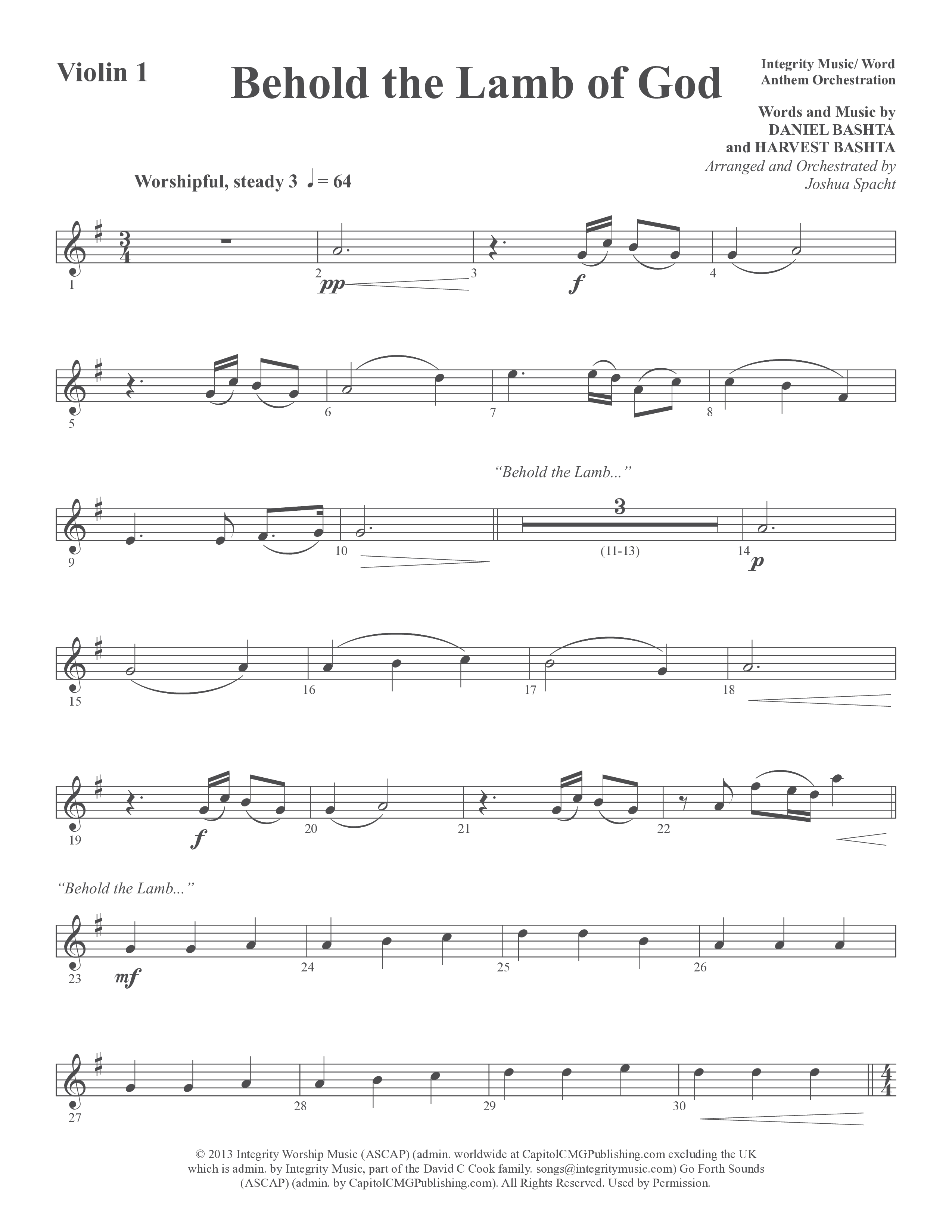 Behold the Lamb of God (Choral Anthem SATB) Violin 1/2 (Word Music Choral / Daniel Bashta / Harvest Bashta / Arr. Joshua Spacht)