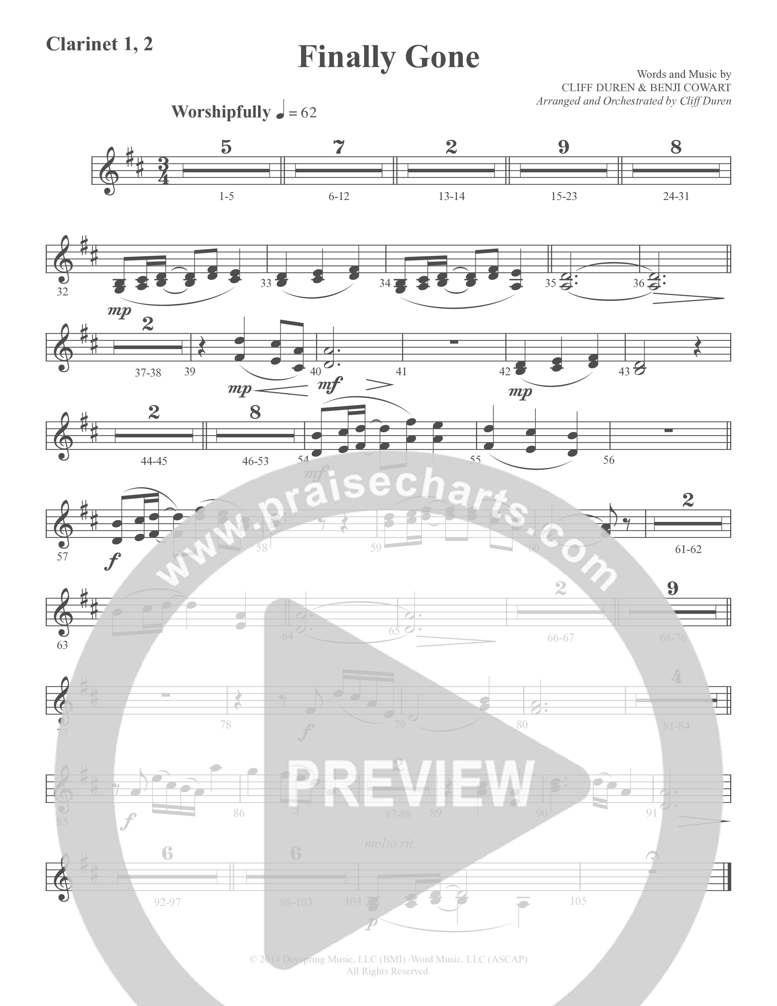 Finally Gone (Choral Anthem SATB) Clarinet 1/2 (Word Music Choral / Arr. Cliff Duren)