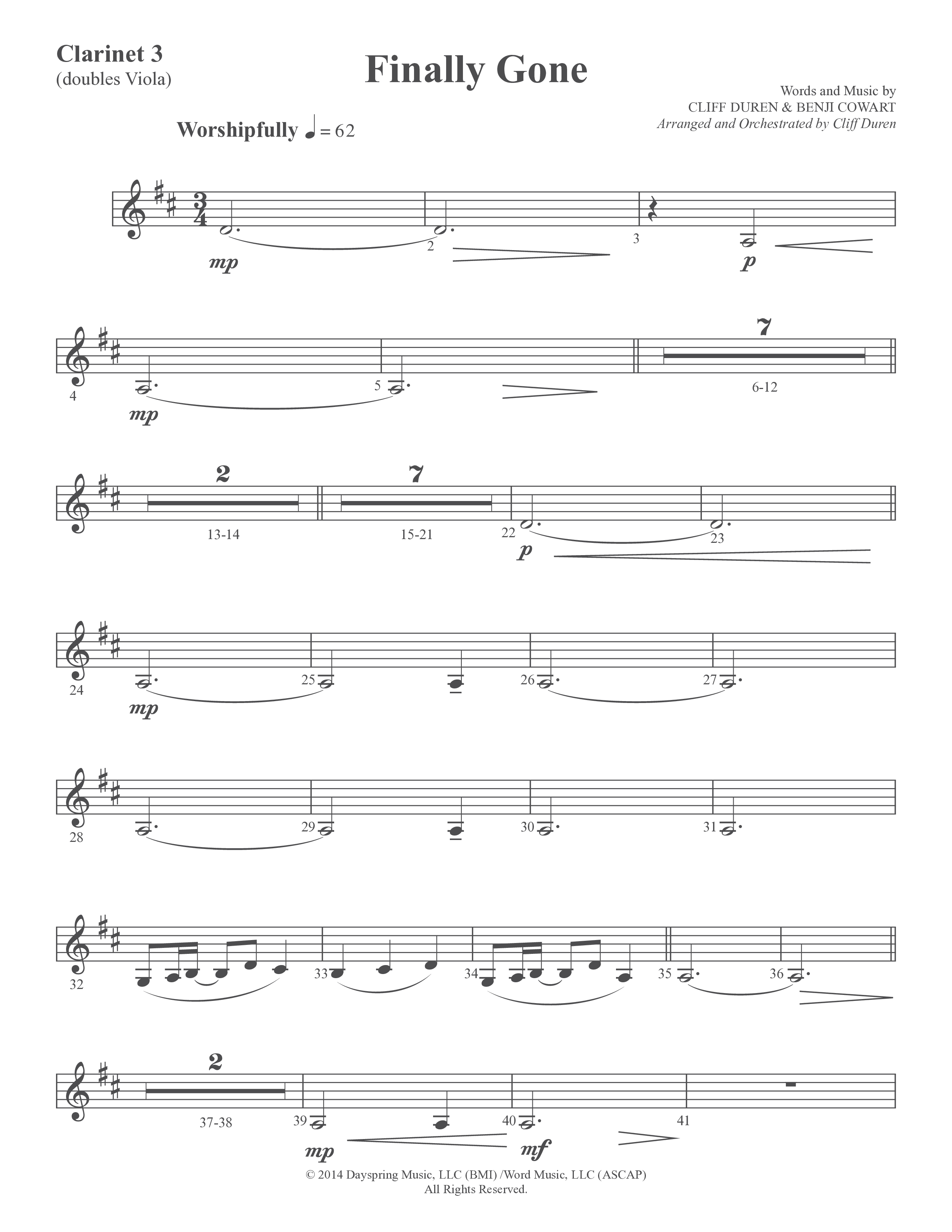 Finally Gone (Choral Anthem SATB) Clarinet 3 (Word Music Choral / Arr. Cliff Duren)