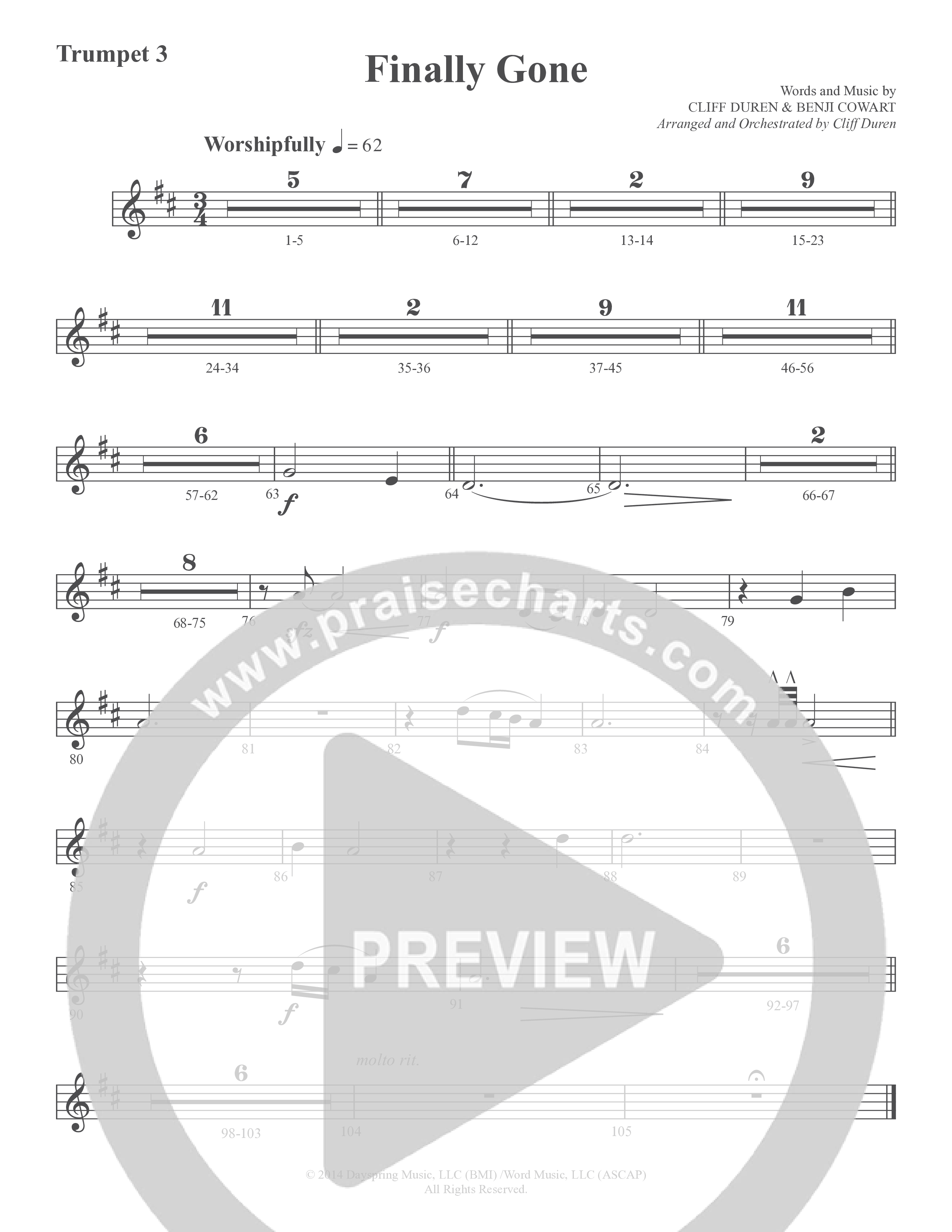 Finally Gone (Choral Anthem SATB) Trumpet 3 (Word Music Choral / Arr. Cliff Duren)