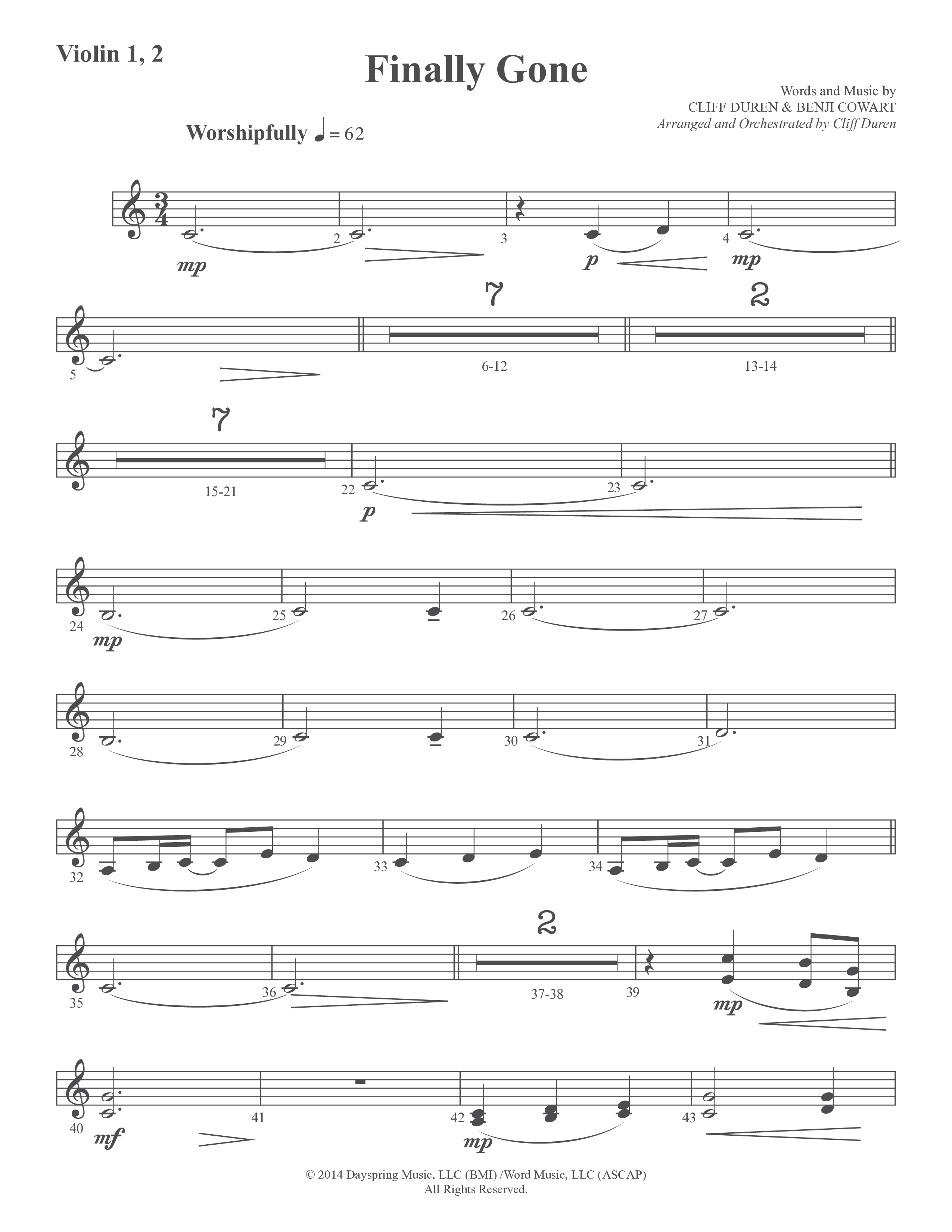 Finally Gone (Choral Anthem SATB) Violin 1/2 (Word Music Choral / Arr. Cliff Duren)
