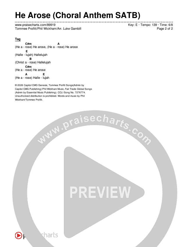 He Arose (Choral Anthem SATB) Chords & Lyrics (Tommee Profitt / Phil Wickham / Arr. Luke Gambill)