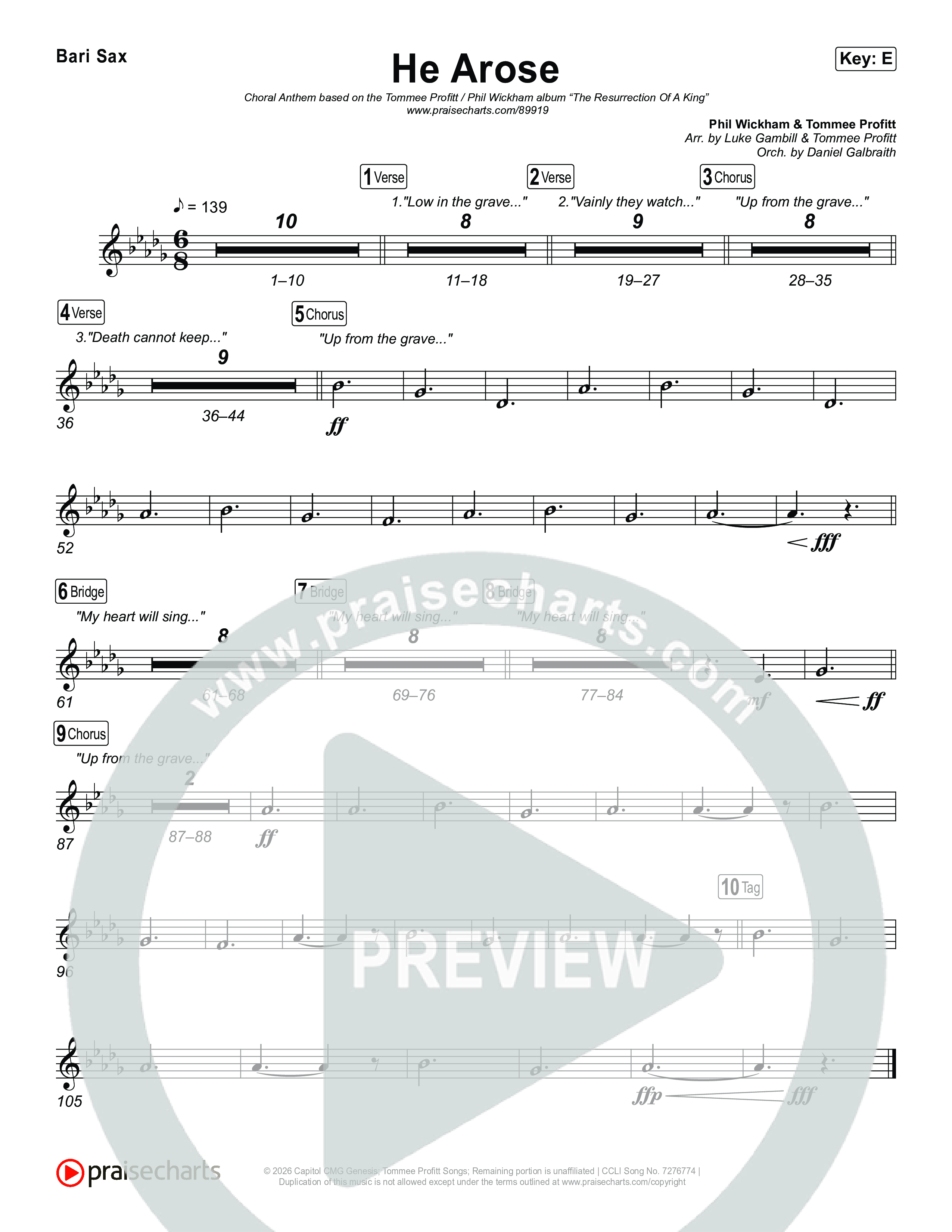 He Arose (Choral Anthem SATB) Bari Sax (Tommee Profitt / Phil Wickham / Arr. Luke Gambill)