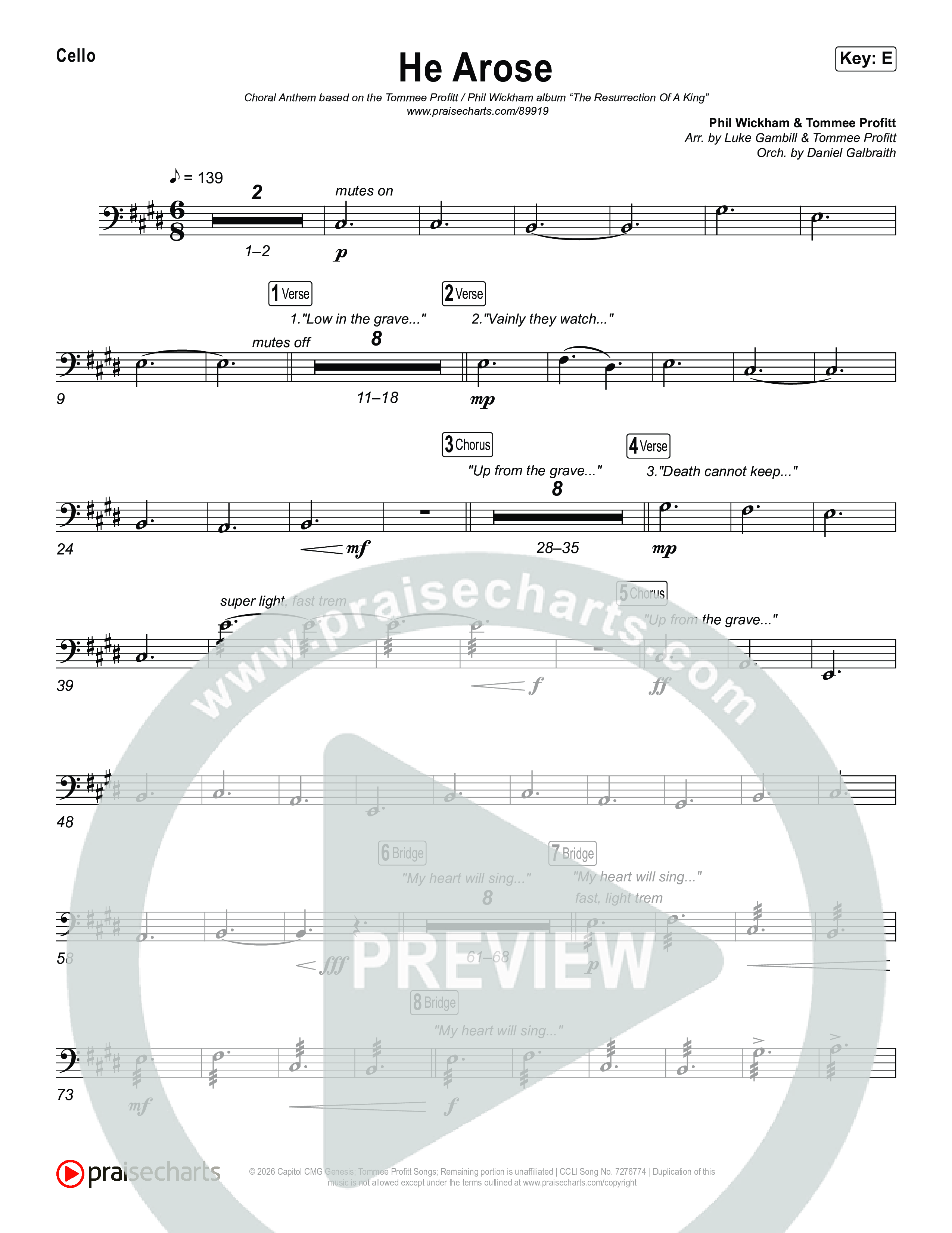 He Arose (Choral Anthem SATB) Cello (Tommee Profitt / Phil Wickham / Arr. Luke Gambill)