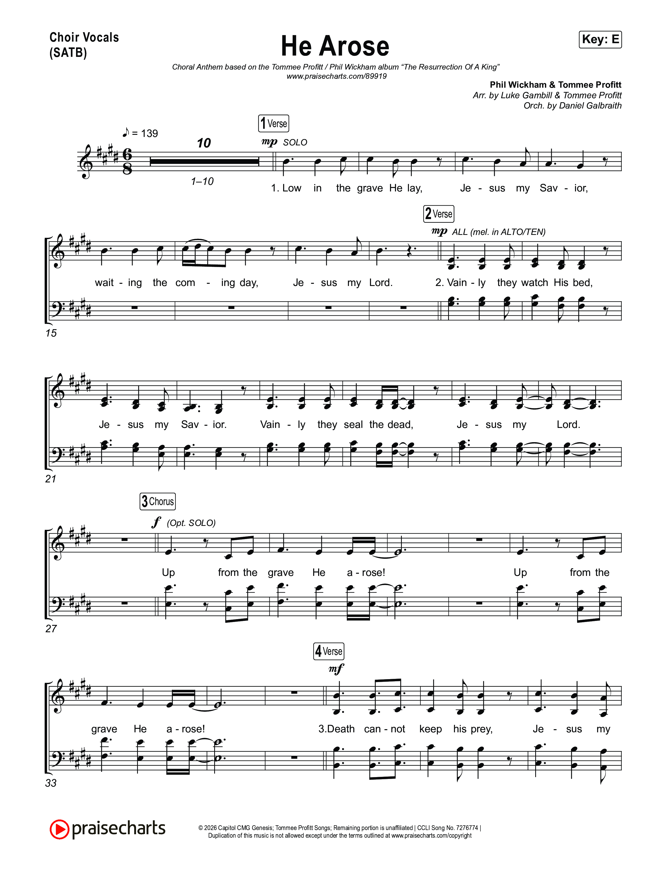 He Arose (Choral Anthem SATB) Choir Sheet (SATB) (Tommee Profitt / Phil Wickham / Arr. Luke Gambill)