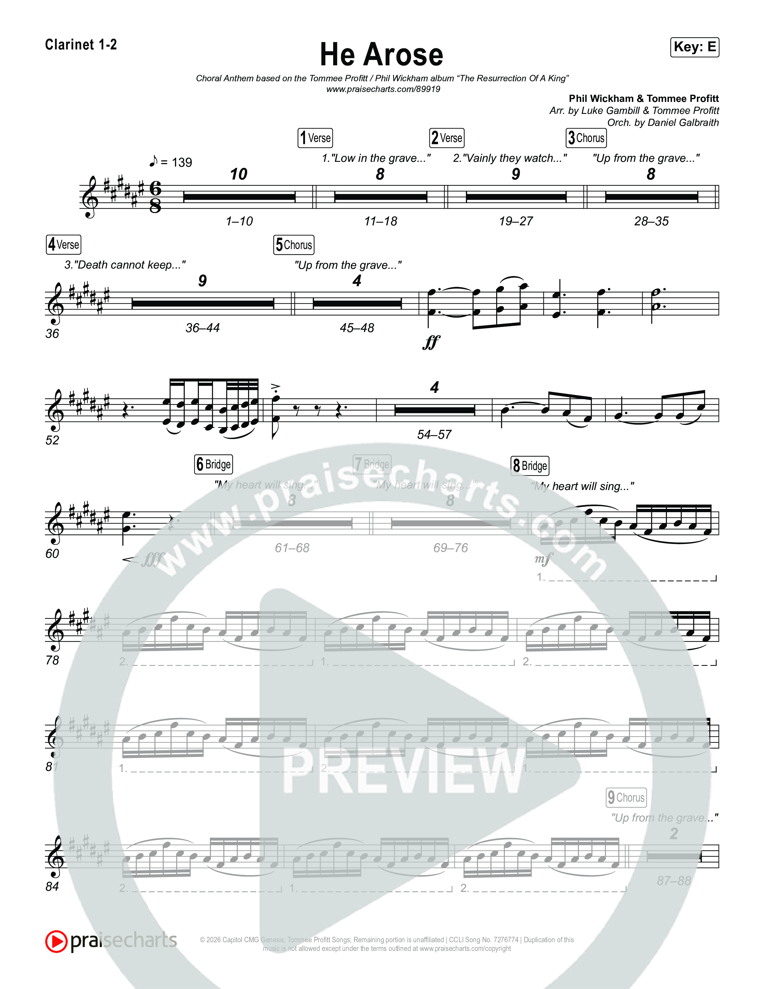 He Arose (Choral Anthem SATB) Clarinet 1/2 (Tommee Profitt / Phil Wickham / Arr. Luke Gambill)