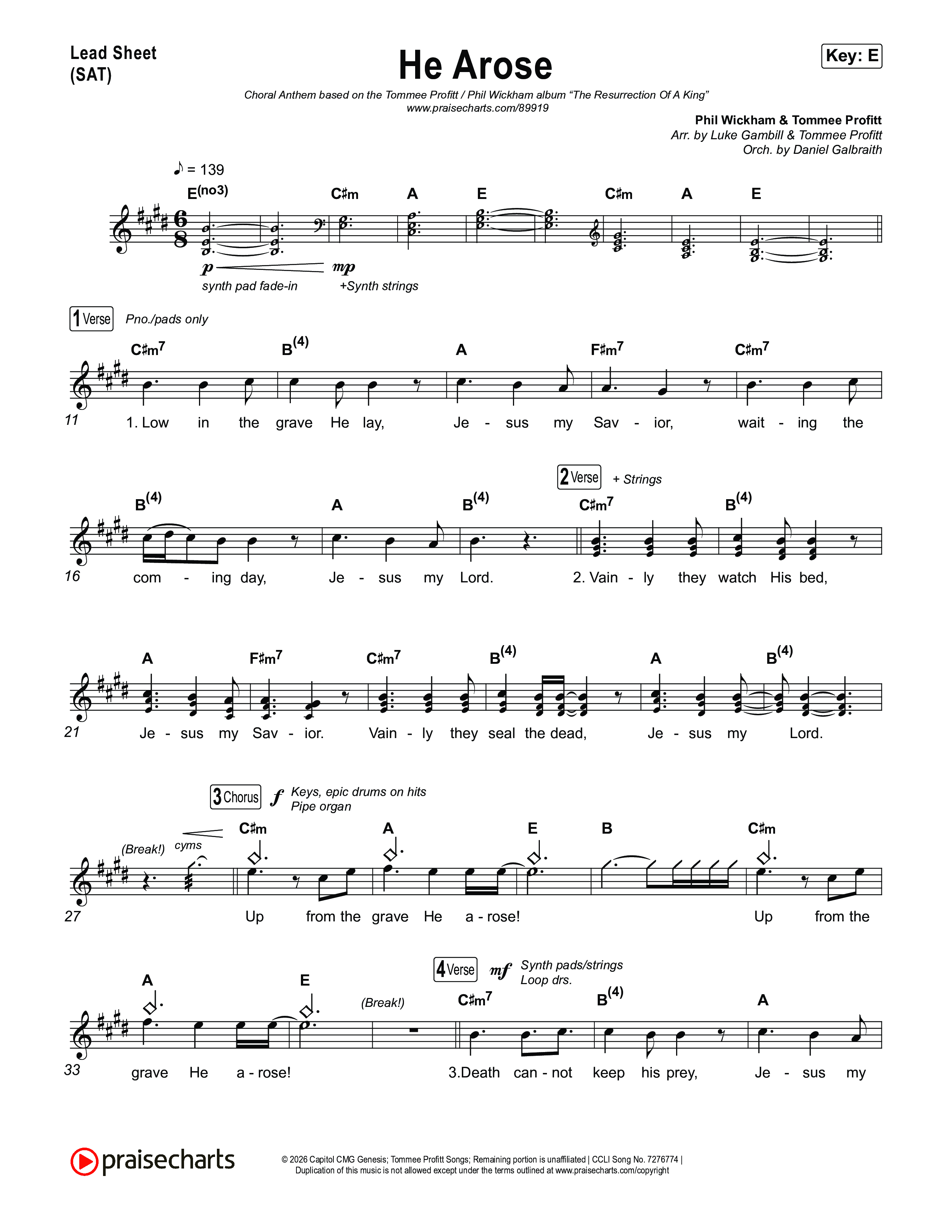 He Arose (Choral Anthem SATB) Lead Sheet (SAT) (Tommee Profitt / Phil Wickham / Arr. Luke Gambill)
