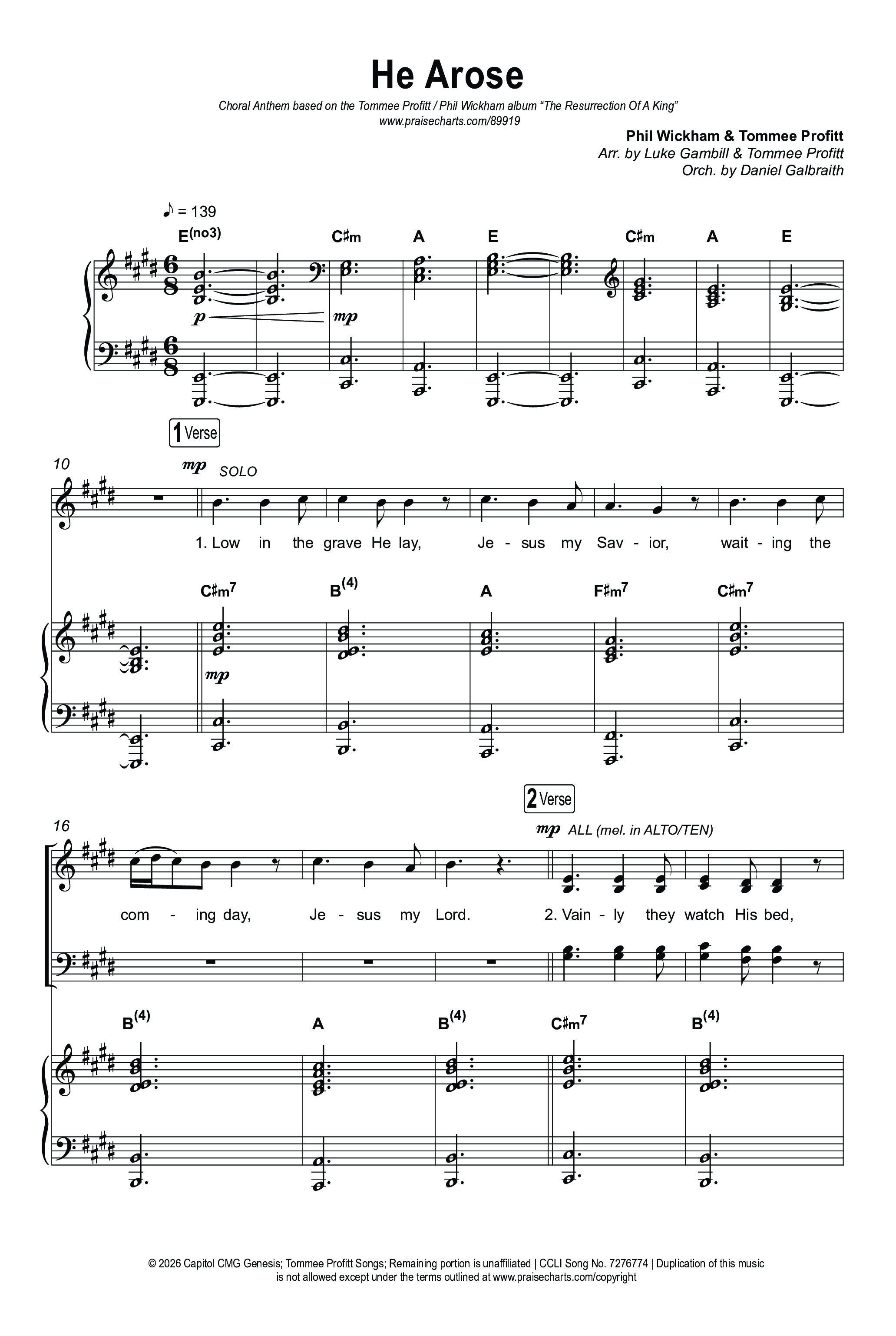 He Arose (Choral Anthem SATB) Octavo (SATB & Pno) (Tommee Profitt / Phil Wickham / Arr. Luke Gambill)