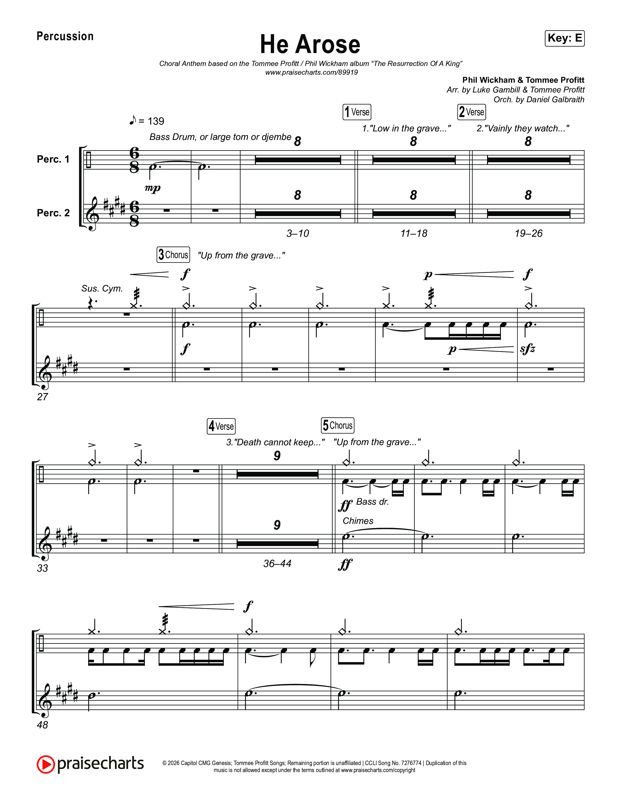 He Arose (Choral Anthem SATB) Percussion (Tommee Profitt / Phil Wickham / Arr. Luke Gambill)