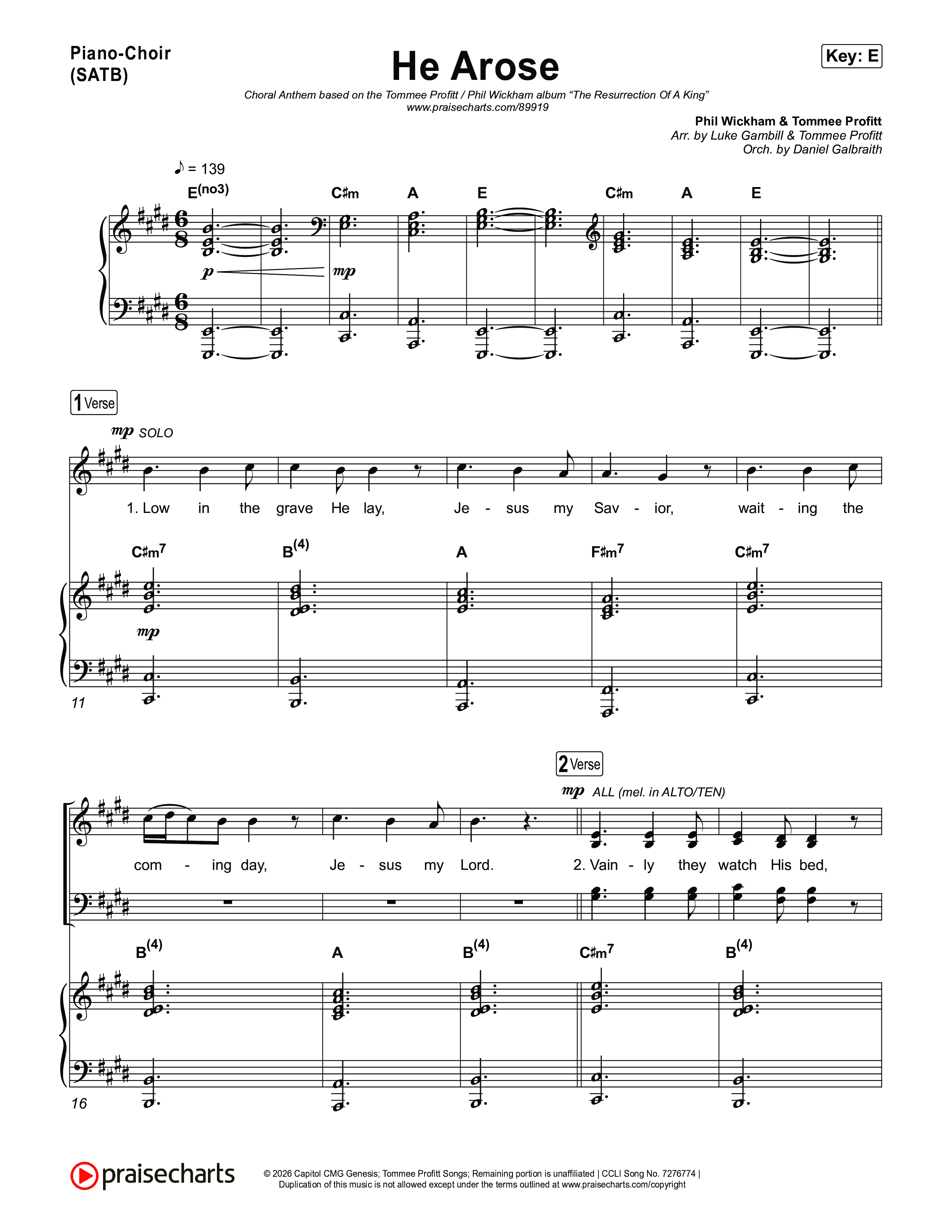 He Arose (Choral Anthem SATB) Piano/Vocal (SATB) (Tommee Profitt / Phil Wickham / Arr. Luke Gambill)