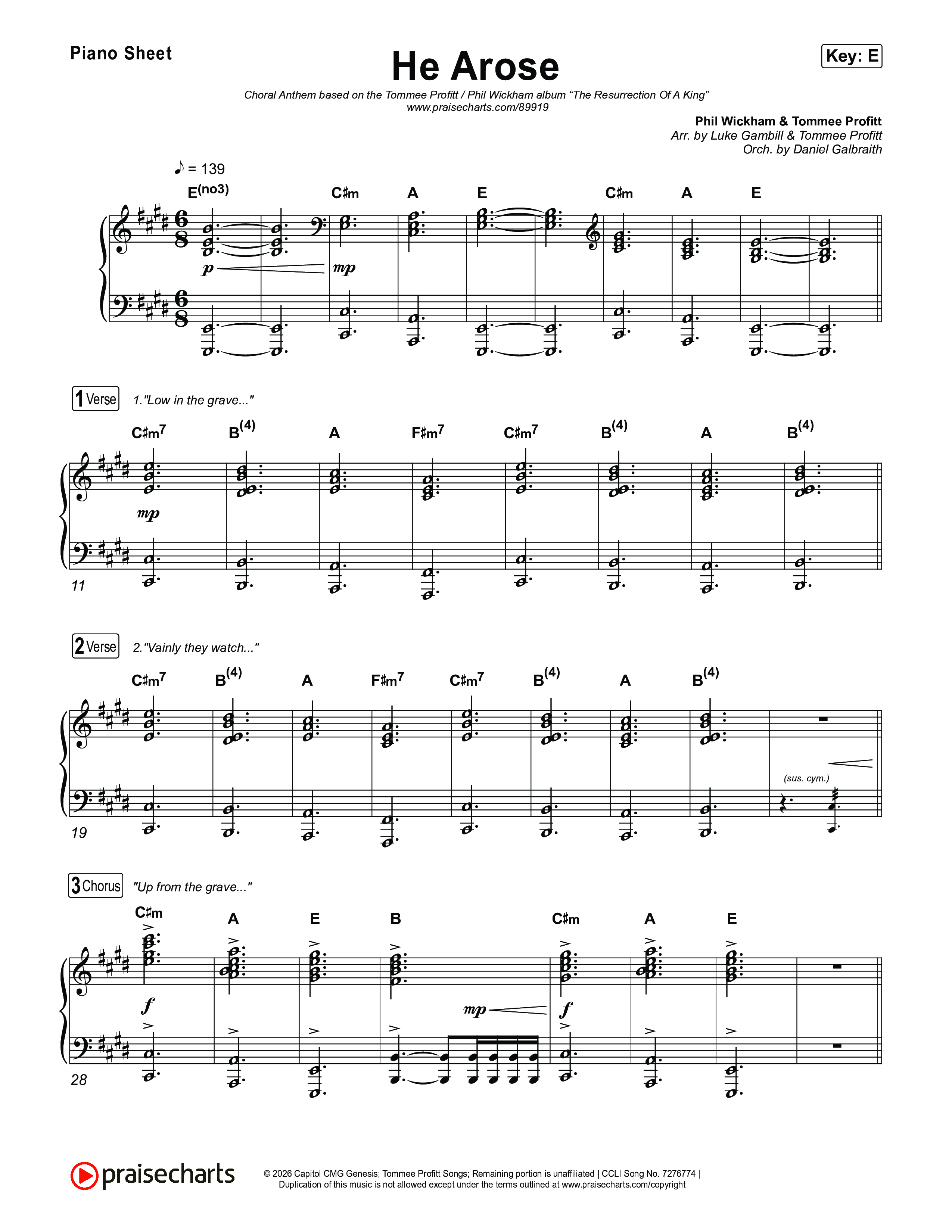 He Arose (Choral Anthem SATB) Piano Sheet (Tommee Profitt / Phil Wickham / Arr. Luke Gambill)