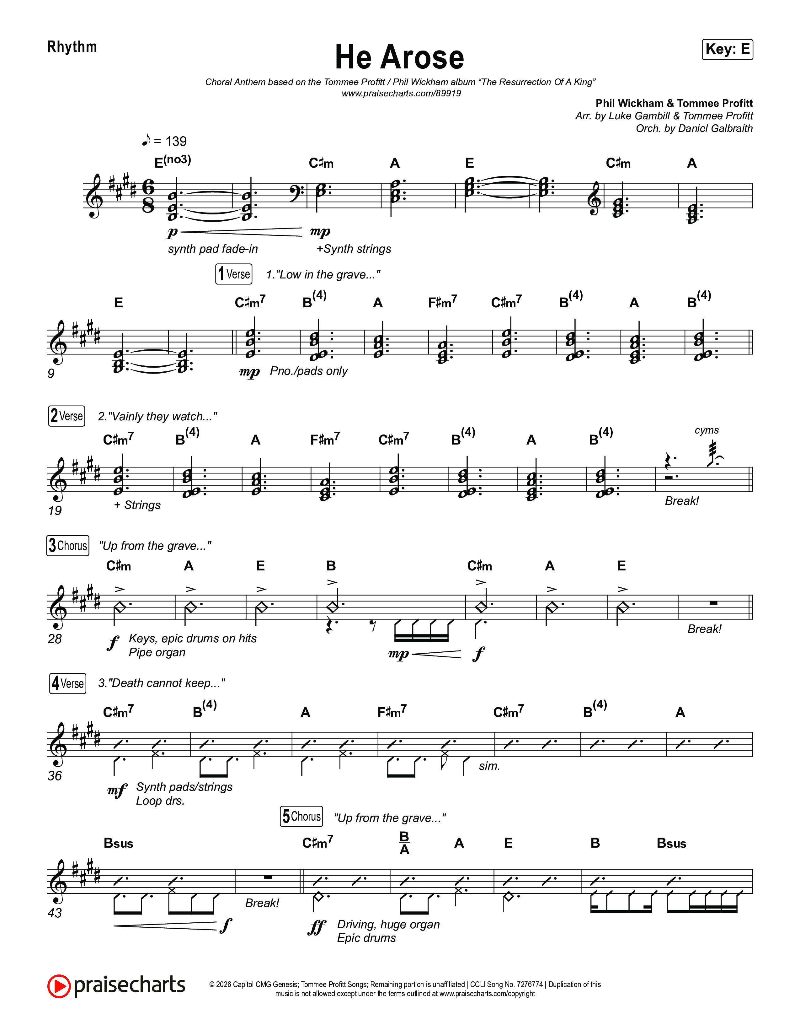 He Arose (Choral Anthem SATB) Rhythm Chart (Tommee Profitt / Phil Wickham / Arr. Luke Gambill)