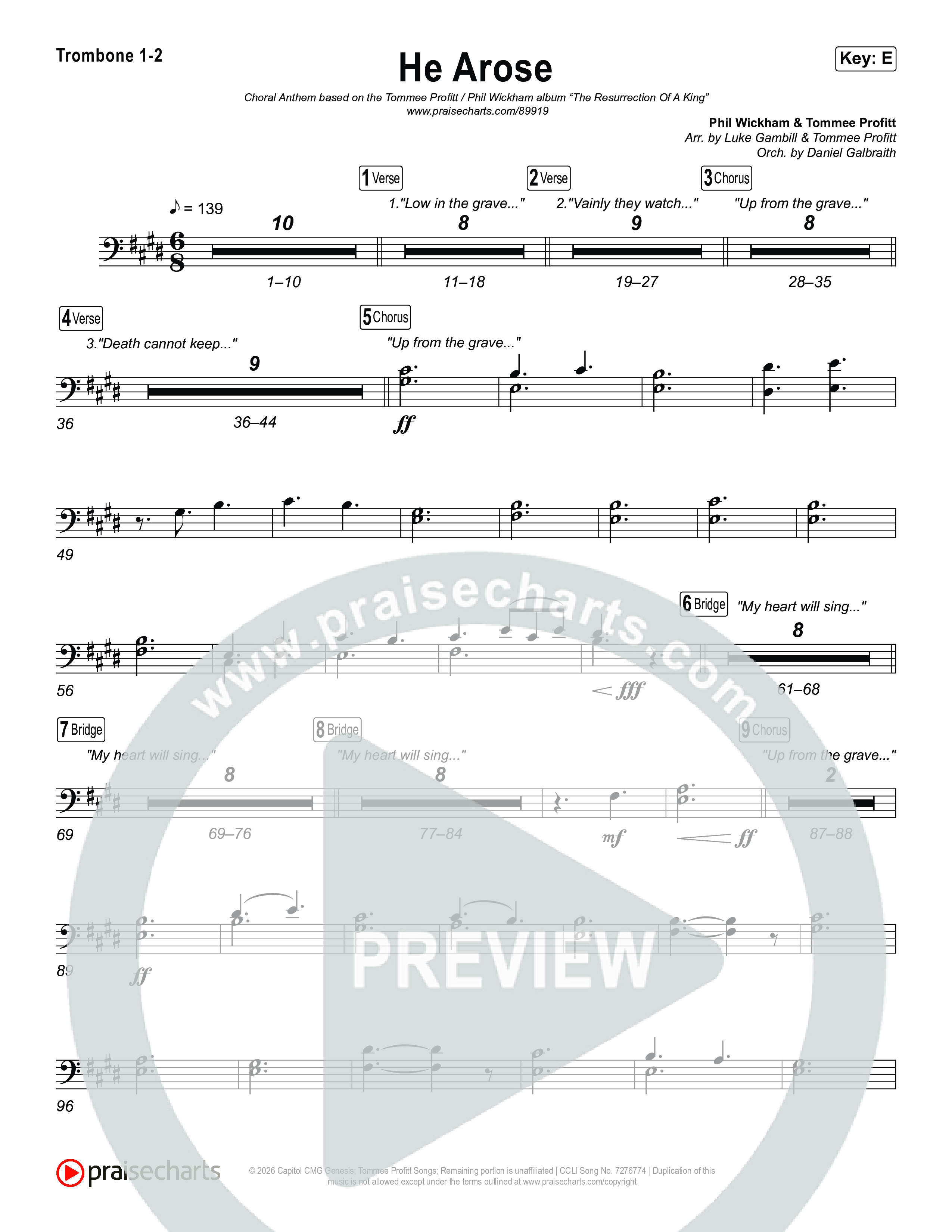 He Arose (Choral Anthem SATB) Trombone 1,2 (Tommee Profitt / Phil Wickham / Arr. Luke Gambill)