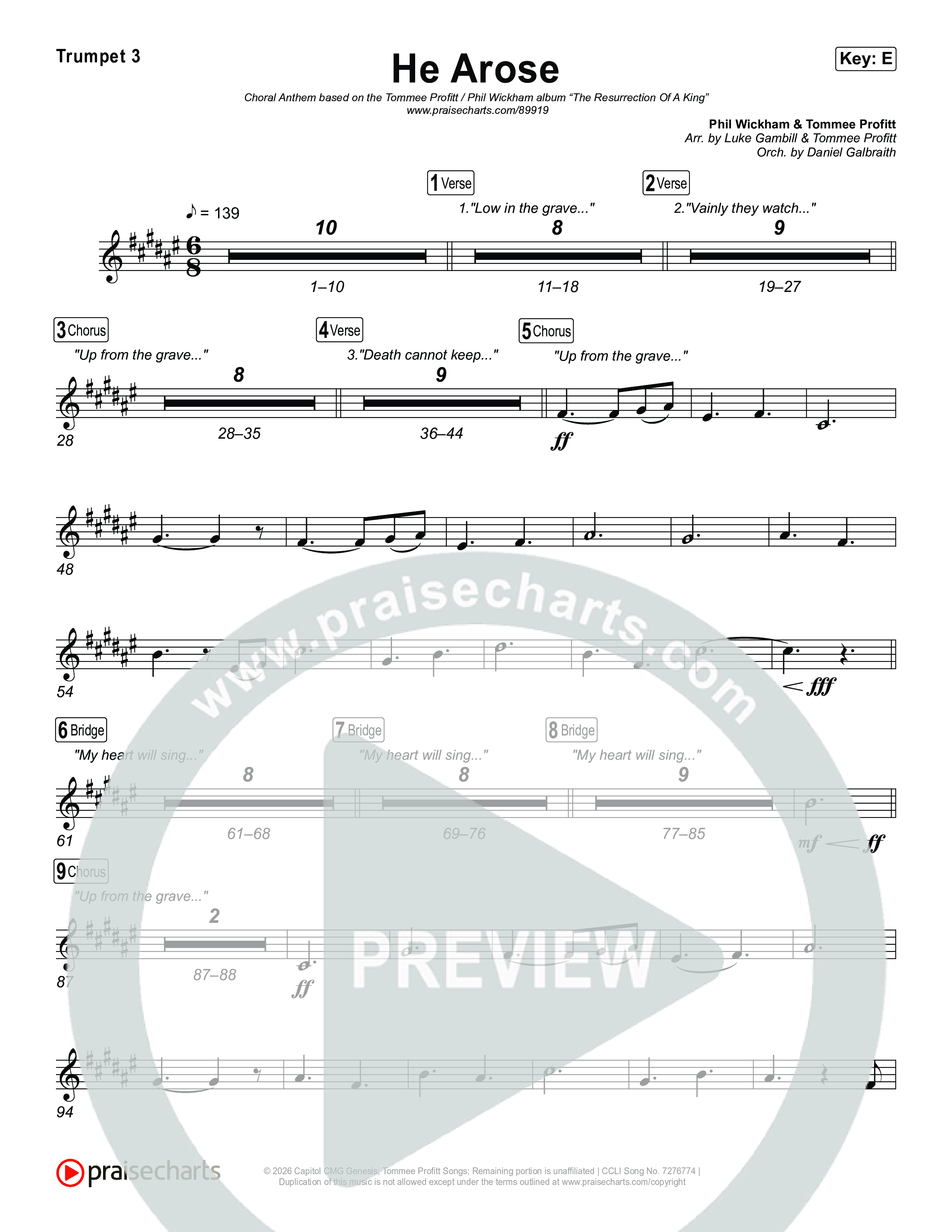 He Arose (Choral Anthem SATB) Trumpet 3 (Tommee Profitt / Phil Wickham / Arr. Luke Gambill)