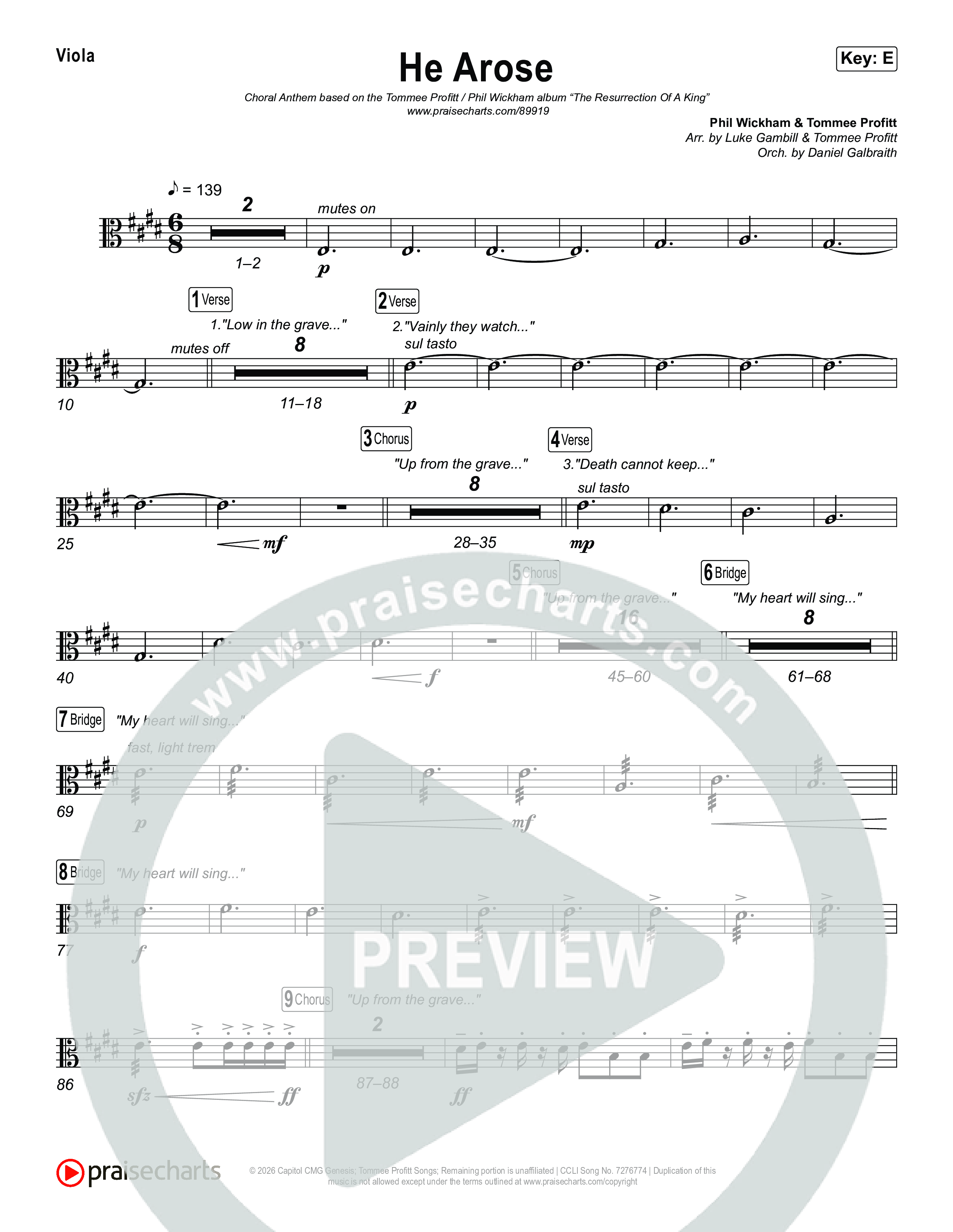 He Arose (Choral Anthem SATB) Viola (Tommee Profitt / Phil Wickham / Arr. Luke Gambill)
