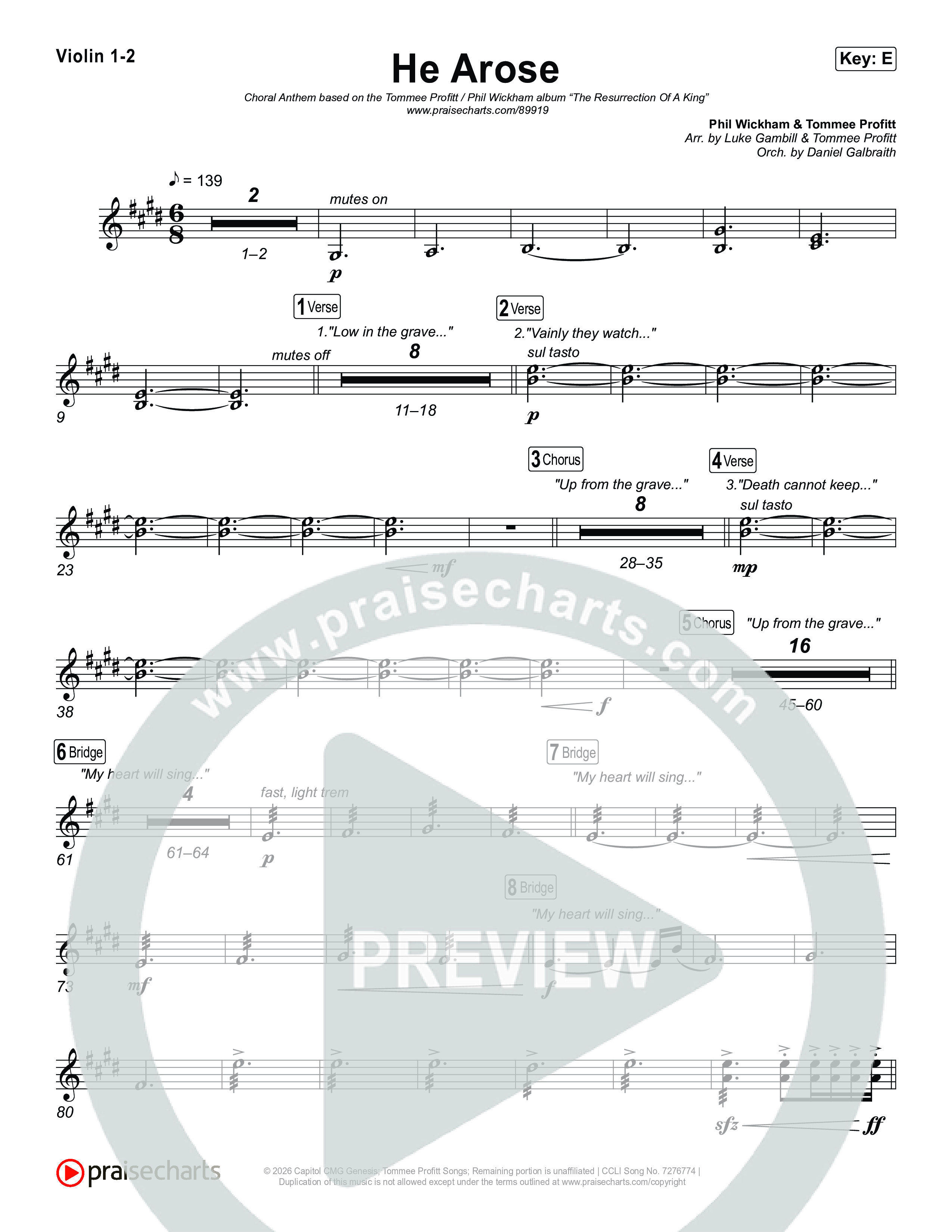 He Arose (Choral Anthem SATB) Violin 1,2 (Tommee Profitt / Phil Wickham / Arr. Luke Gambill)