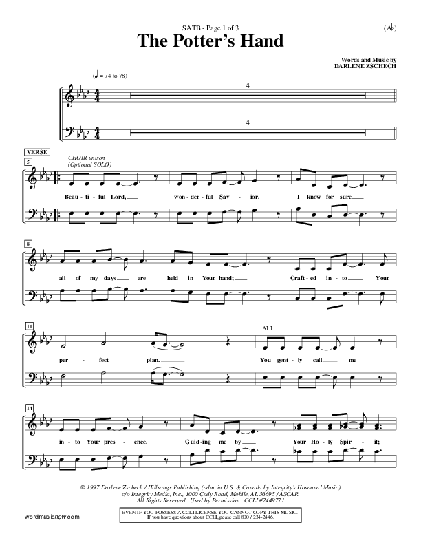 The Potter's Hand Choir Sheet (SATB) (Darlene Zschech)