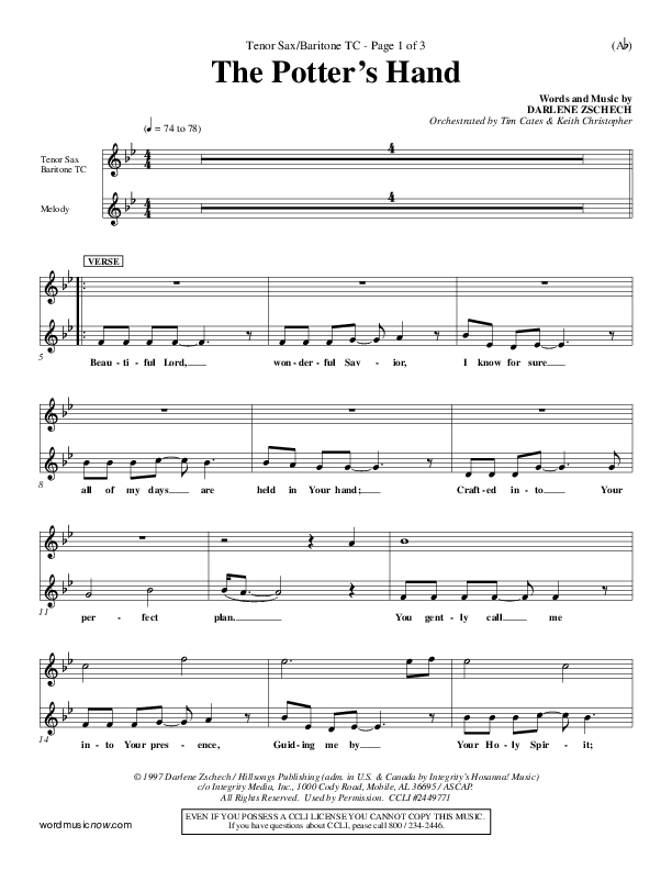 The Potter's Hand Tenor Sax/Baritone T.C. (Darlene Zschech)