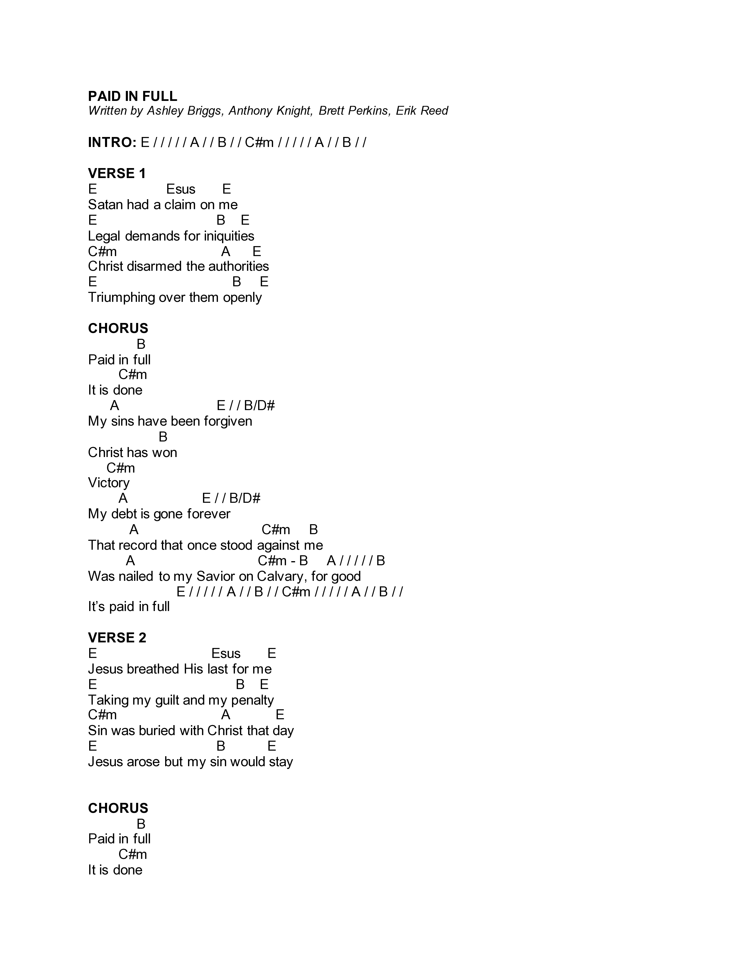 Paid In Full (Live) Chord Chart (Journey Worship Co)