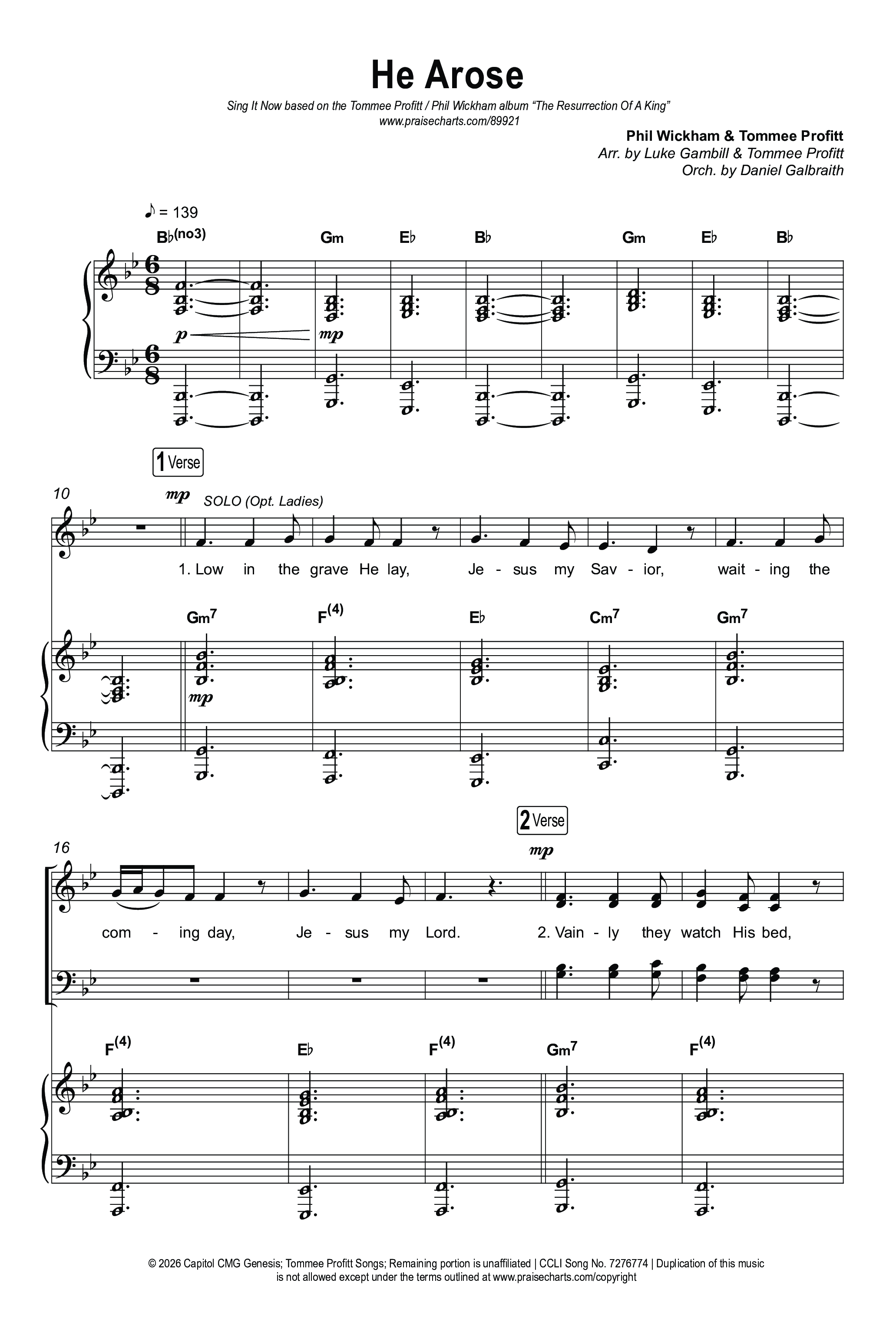 He Arose (Sing It Now) Octavo (SATB & Pno) (Tommee Profitt / Phil Wickham / Arr. Luke Gambill)