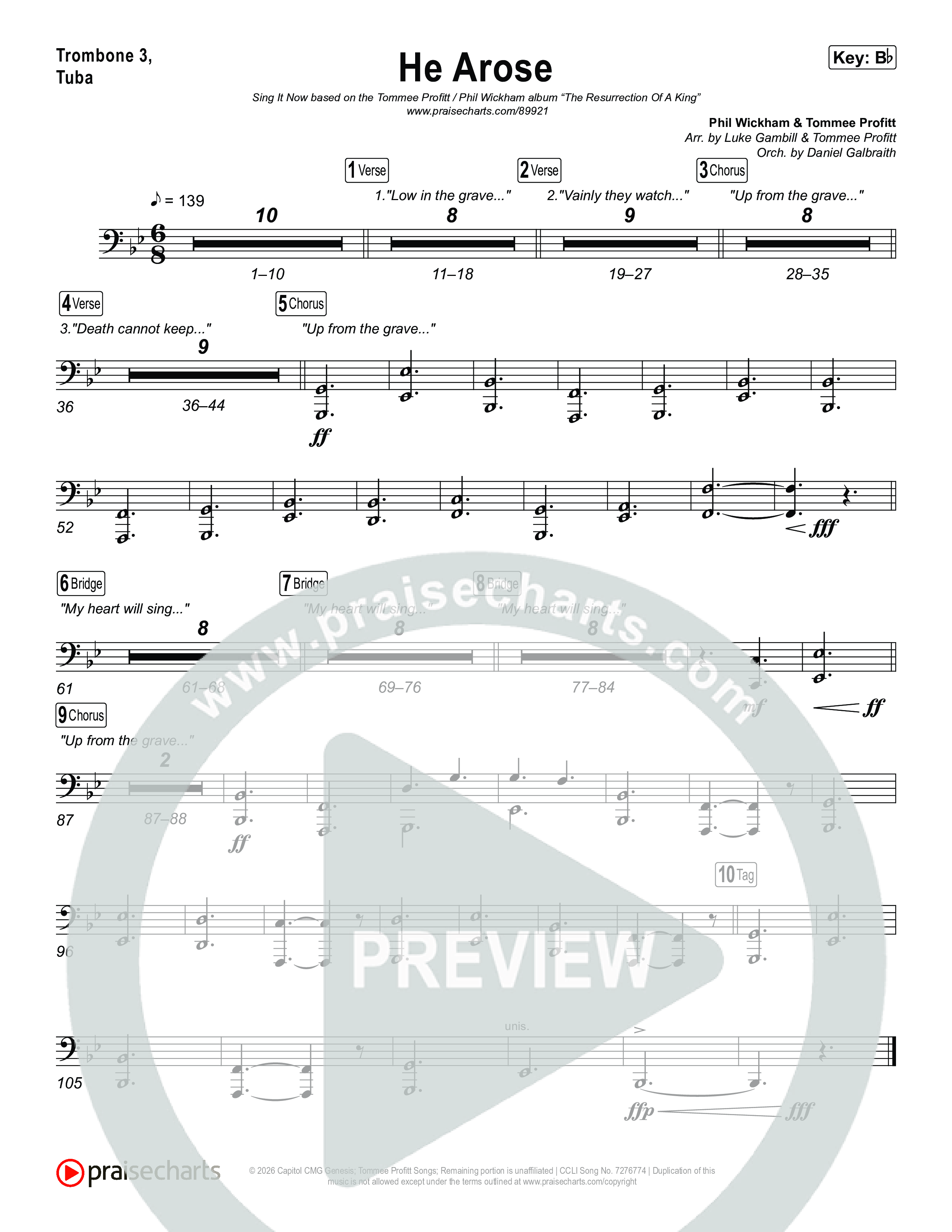 He Arose (Sing It Now) Trombone 3/Tuba (Tommee Profitt / Phil Wickham / Arr. Luke Gambill)