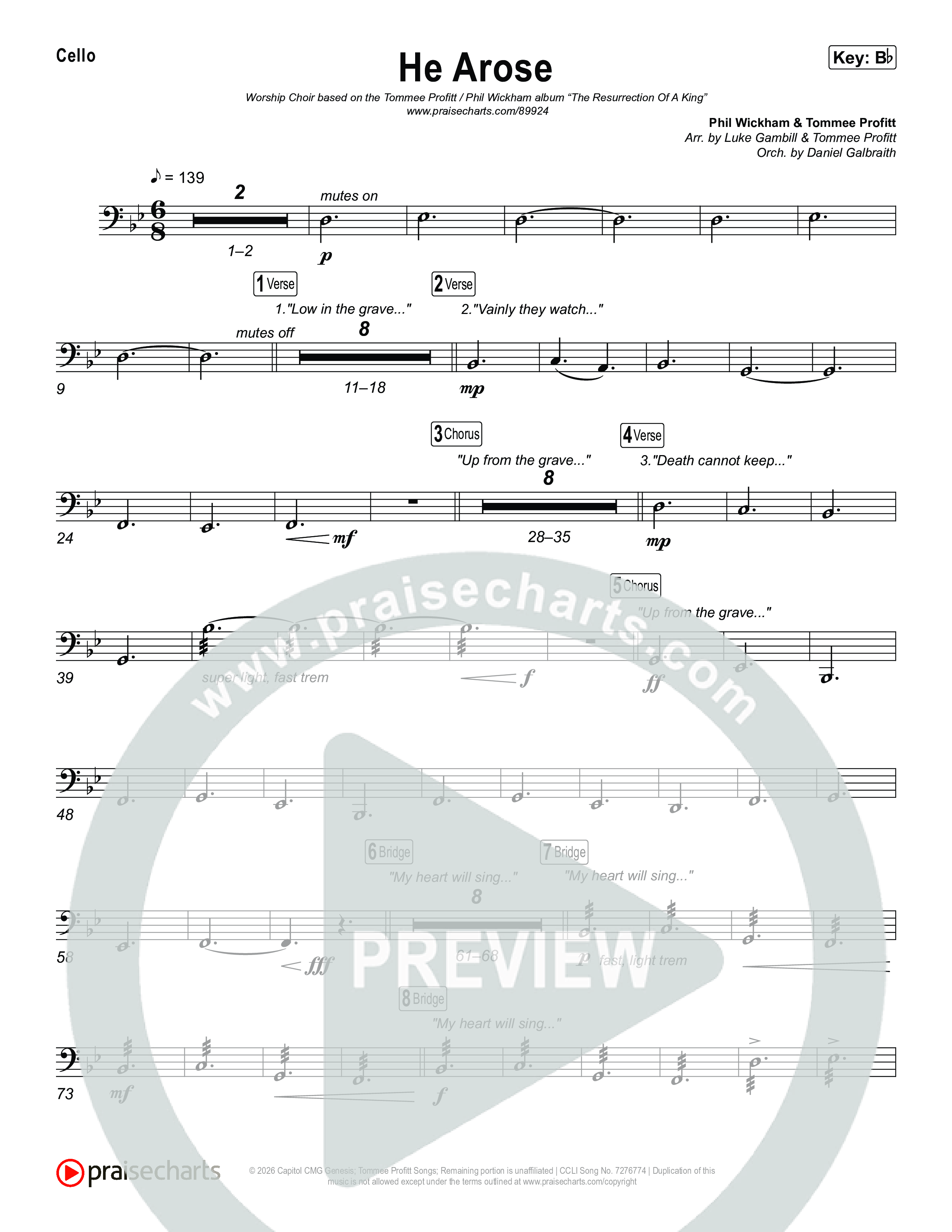 He Arose (Worship Choir/SAB) Cello (Tommee Profitt / Phil Wickham / Arr. Luke Gambill)