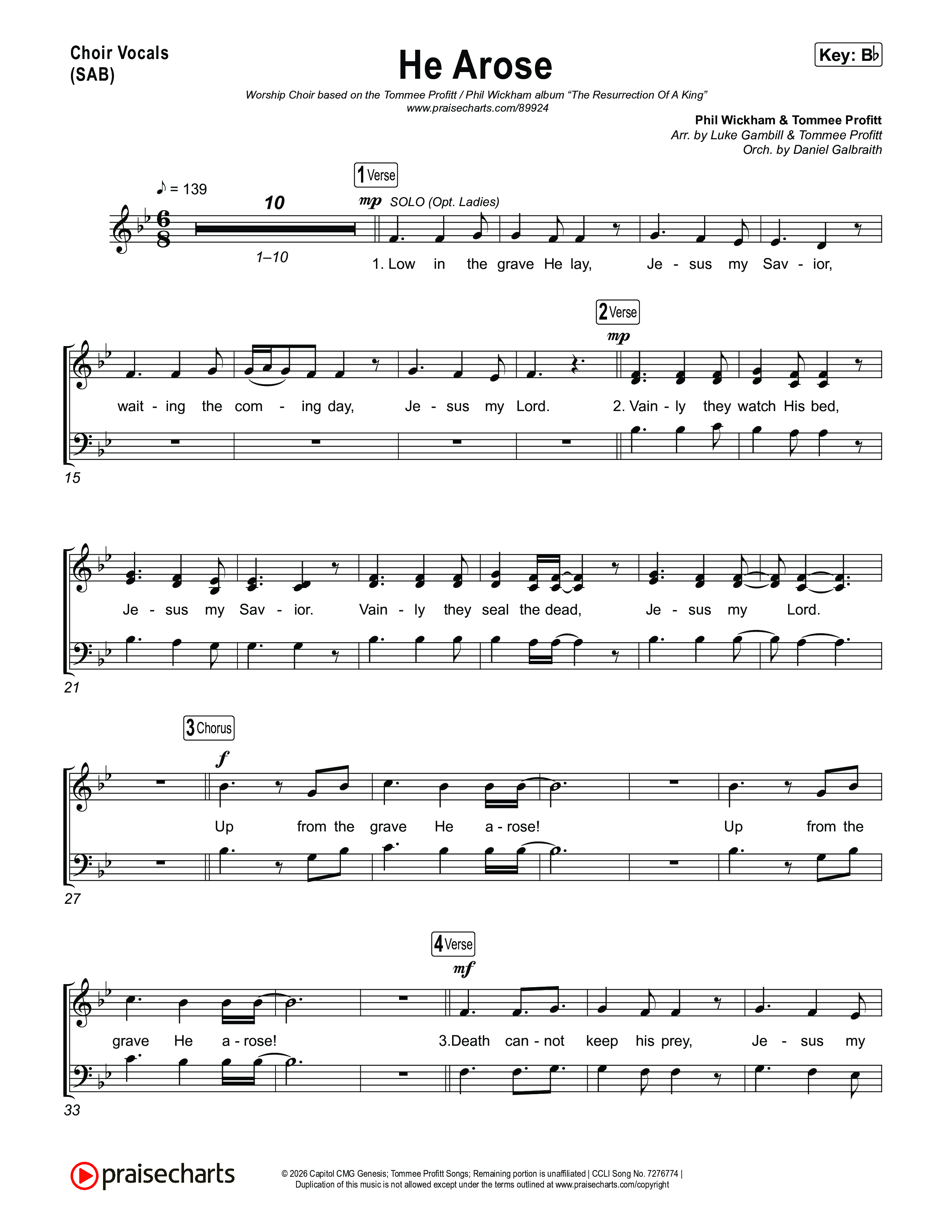 He Arose (Worship Choir/SAB) Choir Sheet (SAB) (Tommee Profitt / Phil Wickham / Arr. Luke Gambill)