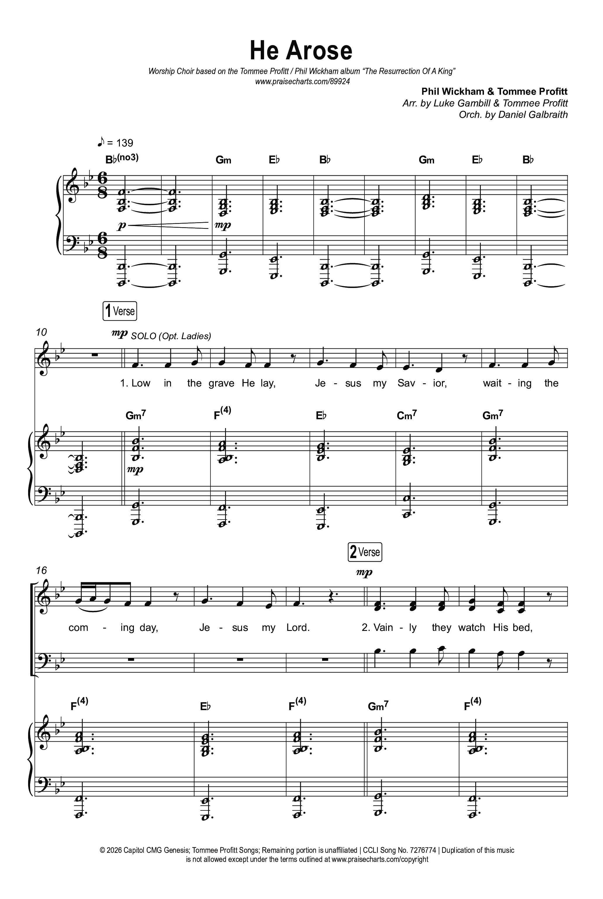 He Arose (Worship Choir/SAB) Octavo (SAB & Pno) (Tommee Profitt / Phil Wickham / Arr. Luke Gambill)