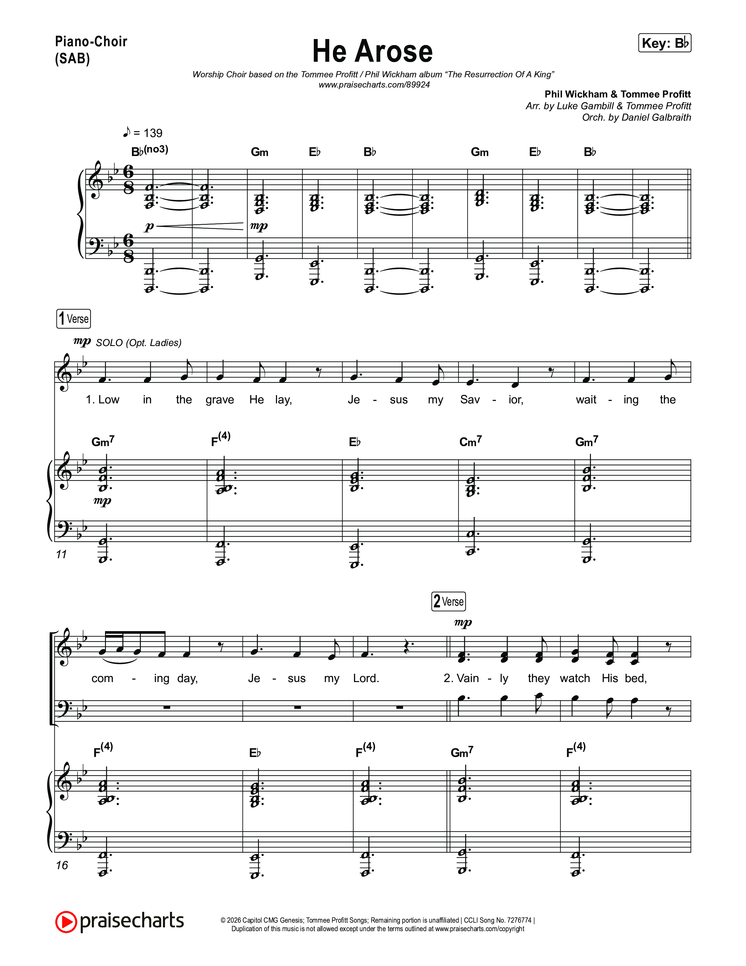 He Arose (Worship Choir/SAB) Piano/Choir (SAB) (Tommee Profitt / Phil Wickham / Arr. Luke Gambill)