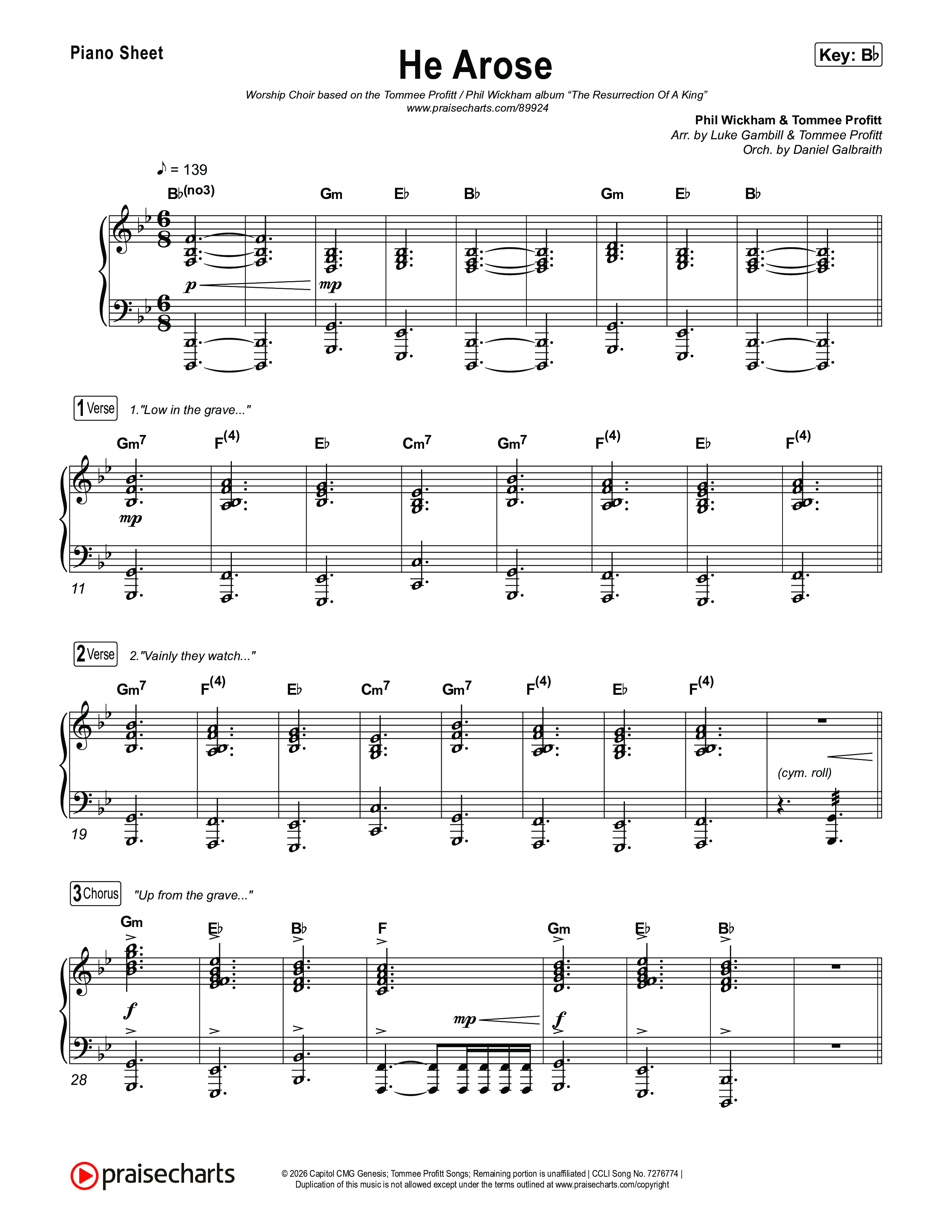 He Arose (Worship Choir/SAB) Piano Sheet (Tommee Profitt / Phil Wickham / Arr. Luke Gambill)