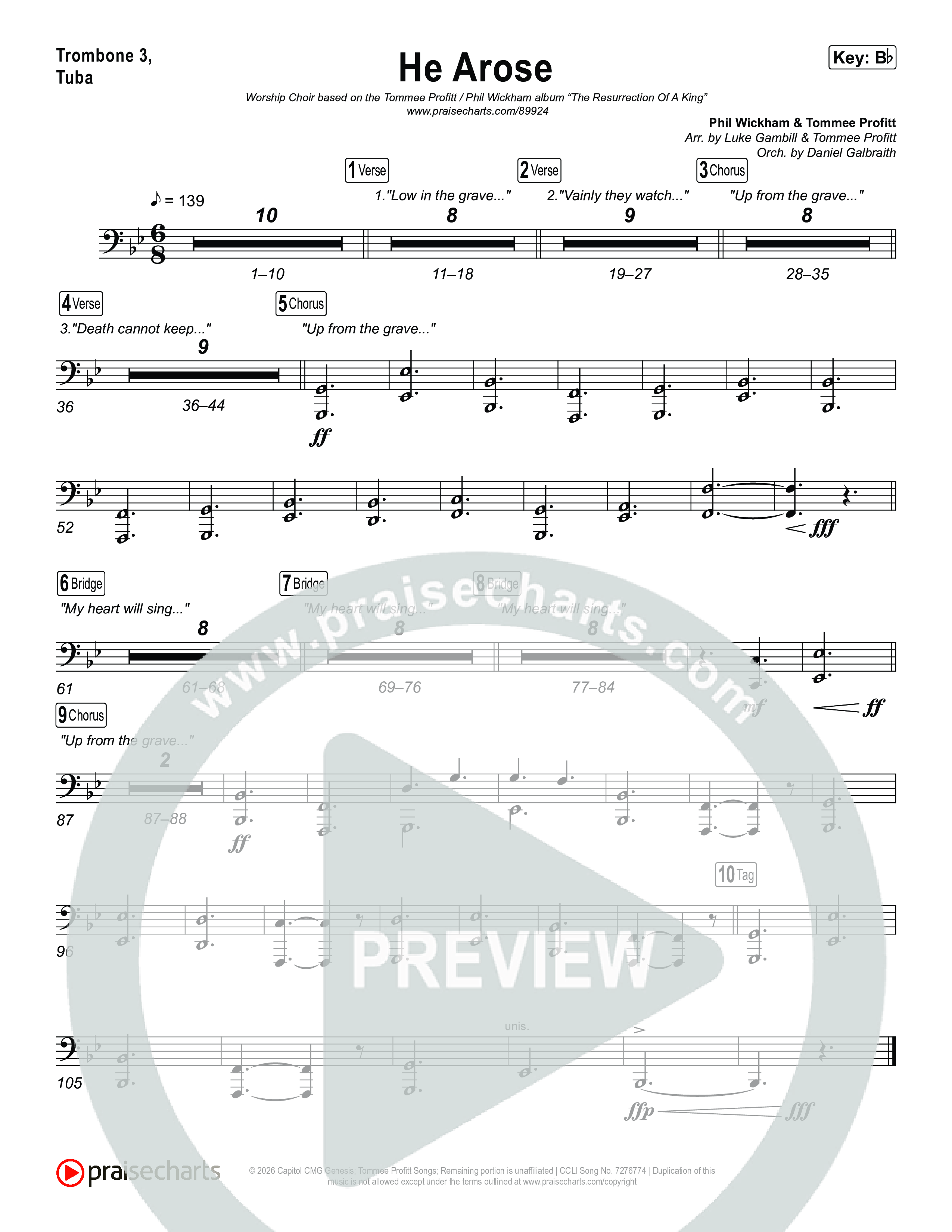 He Arose (Worship Choir/SAB) Trombone 3/Tuba (Tommee Profitt / Phil Wickham / Arr. Luke Gambill)