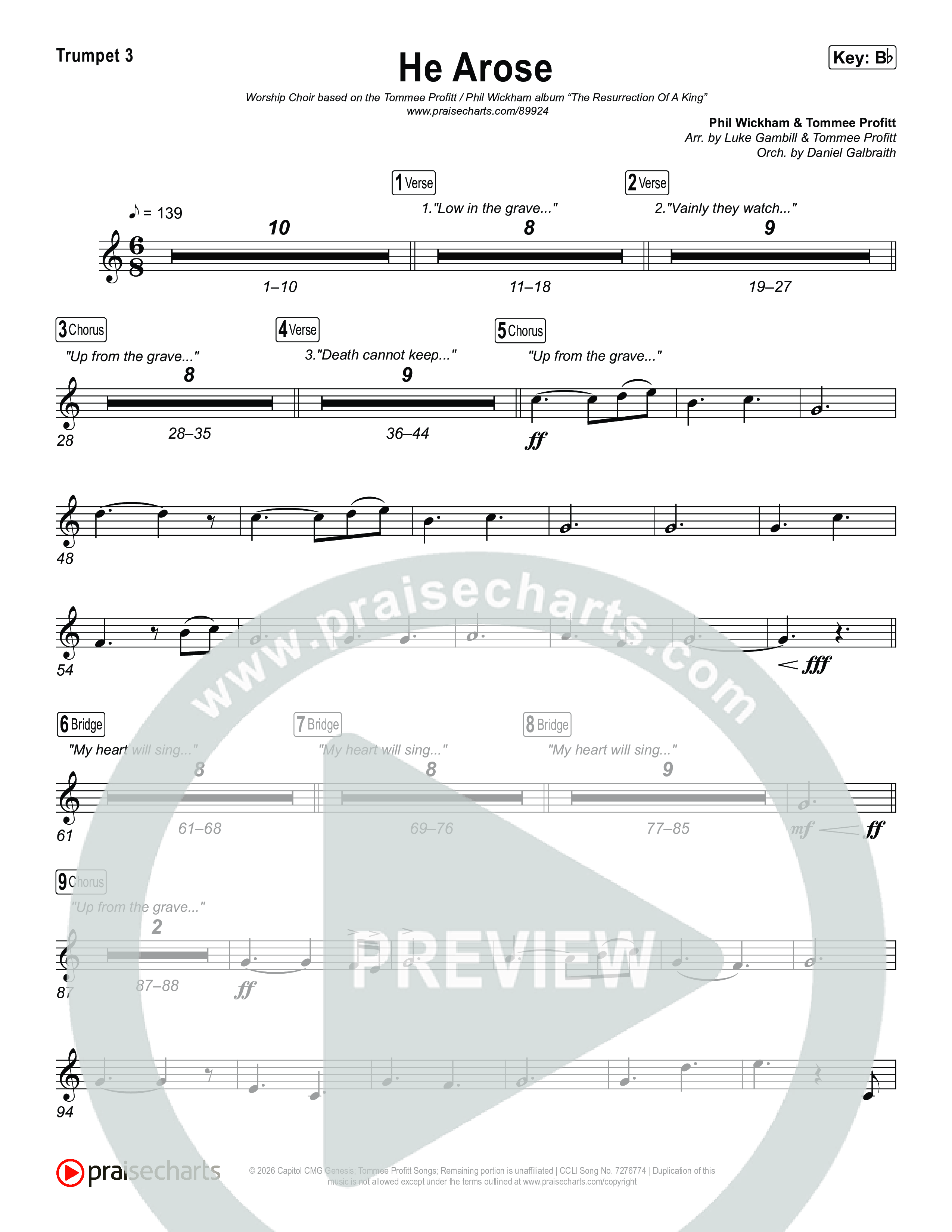 He Arose (Worship Choir/SAB) Trumpet 3 (Tommee Profitt / Phil Wickham / Arr. Luke Gambill)