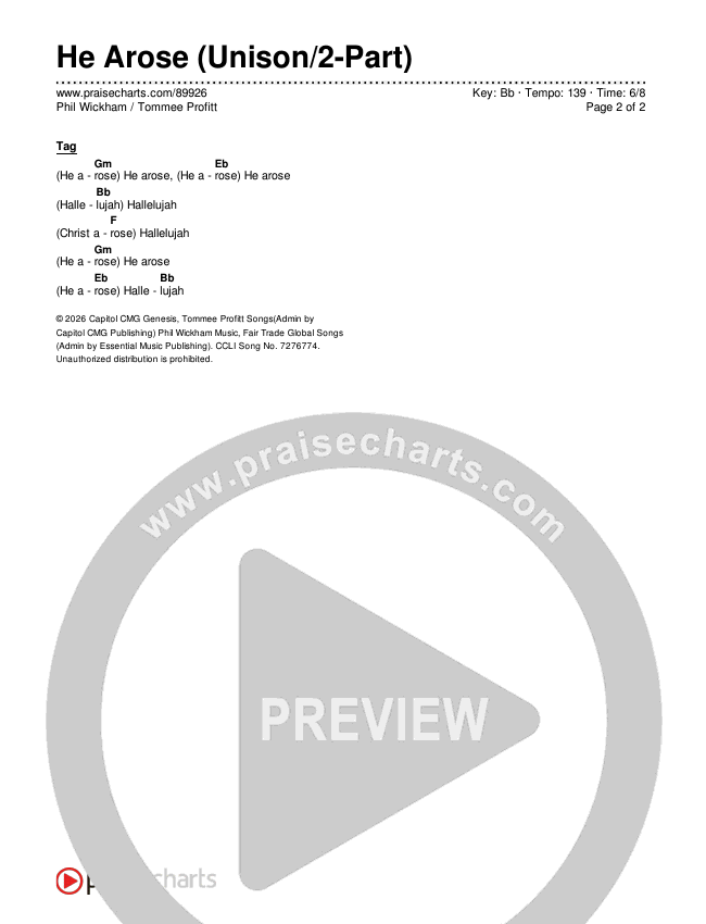 He Arose (Unison/2-Part) Chords & Lyrics (Tommee Profitt / Phil Wickham / Arr. Luke Gambill)