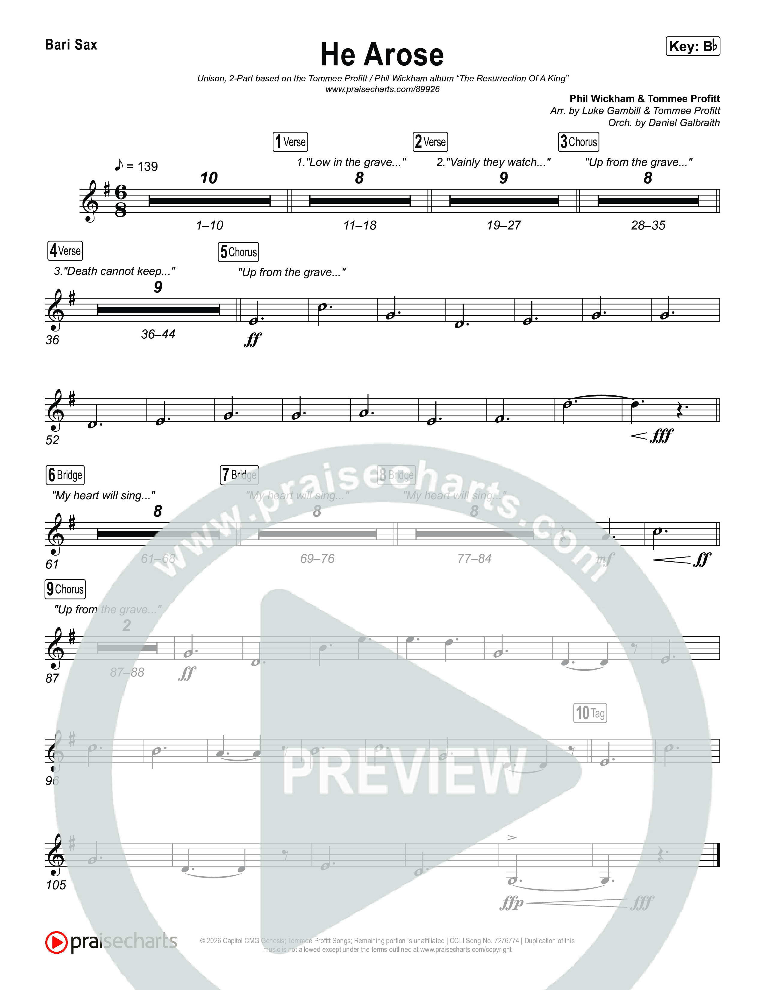 He Arose (Unison/2-Part) Bari Sax (Tommee Profitt / Phil Wickham / Arr. Luke Gambill)