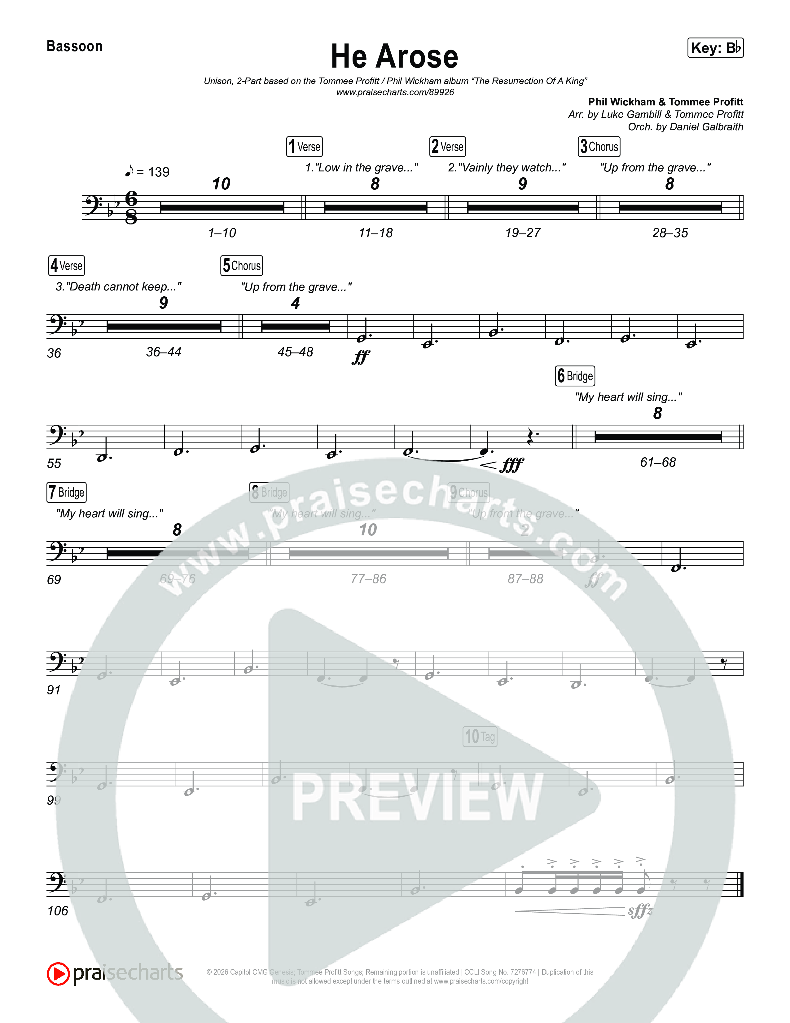 He Arose (Unison/2-Part) Bassoon (Tommee Profitt / Phil Wickham / Arr. Luke Gambill)