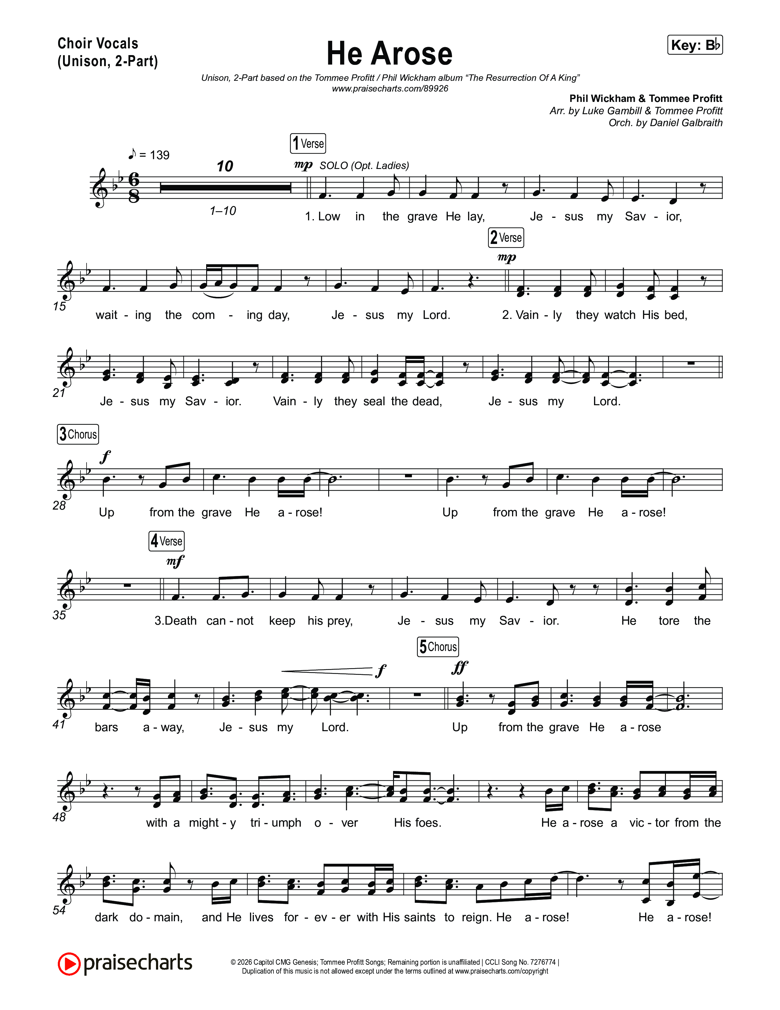 He Arose (Unison/2-Part) Choir Vocals (Uni/2-Part) (Tommee Profitt / Phil Wickham / Arr. Luke Gambill)